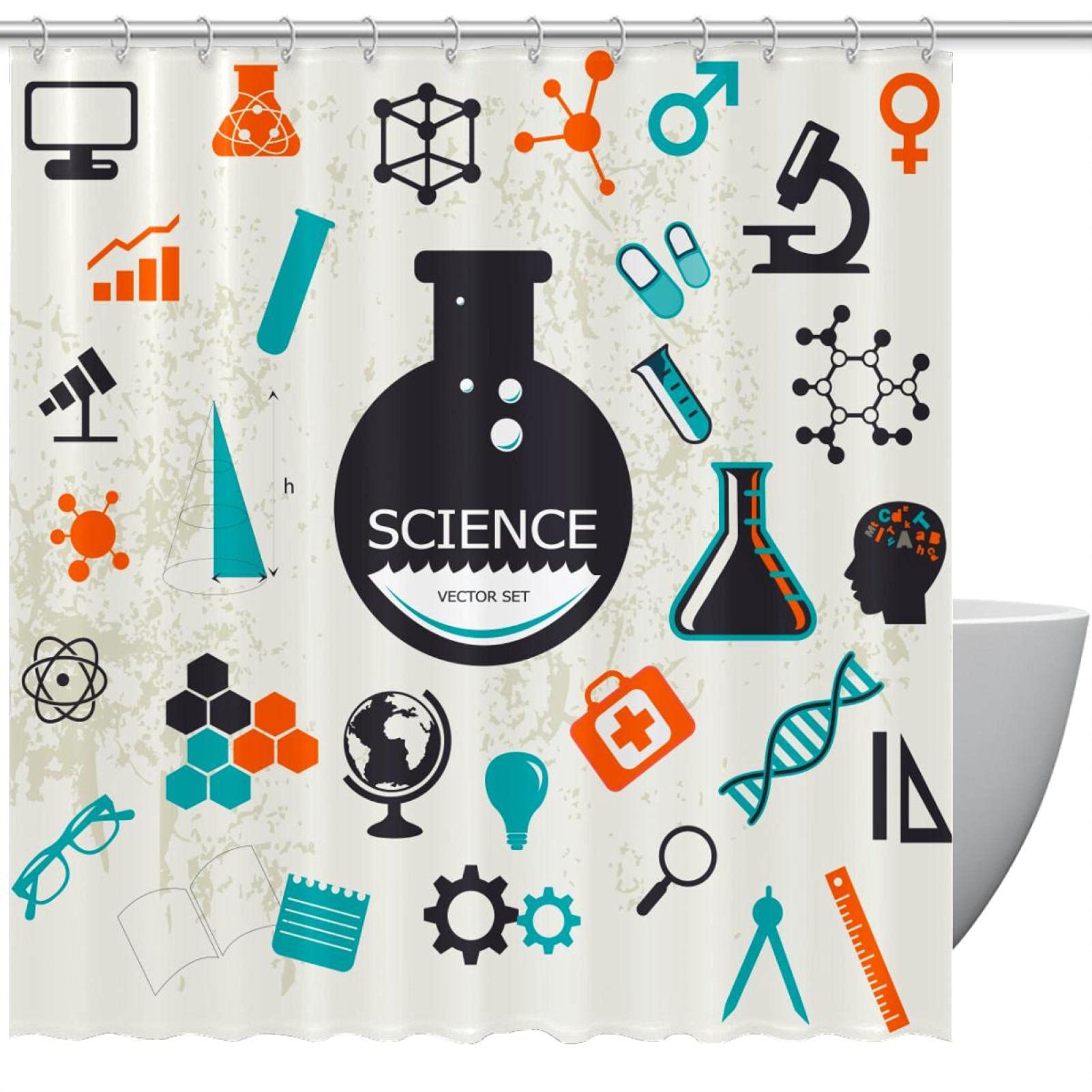 Rideau de douche science 180x180 cm avec 12 crochets pour baignoire