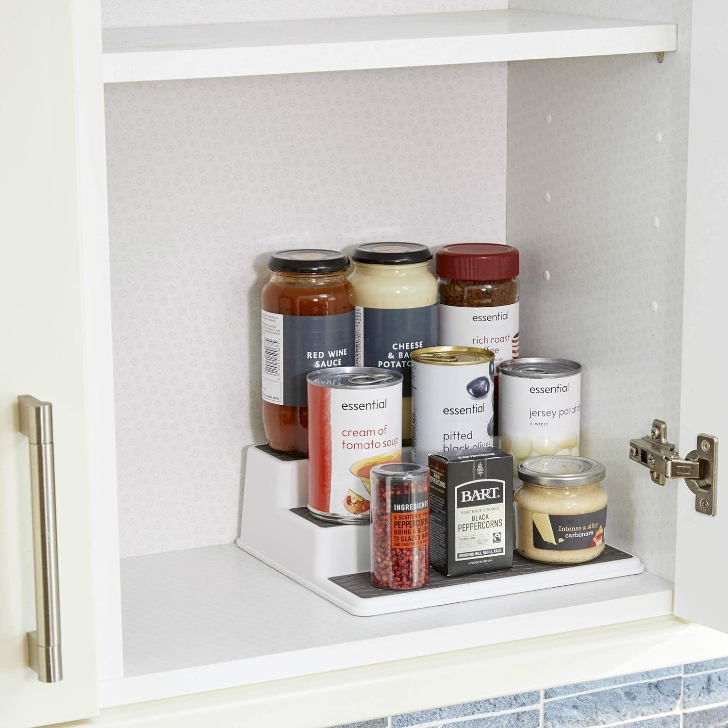 Copco Basics 3-stufiges Gewürzregal für den Innenschrank, rutschfestes Küchenregal, 26 x 23 x 8,5cm, weiß/grau