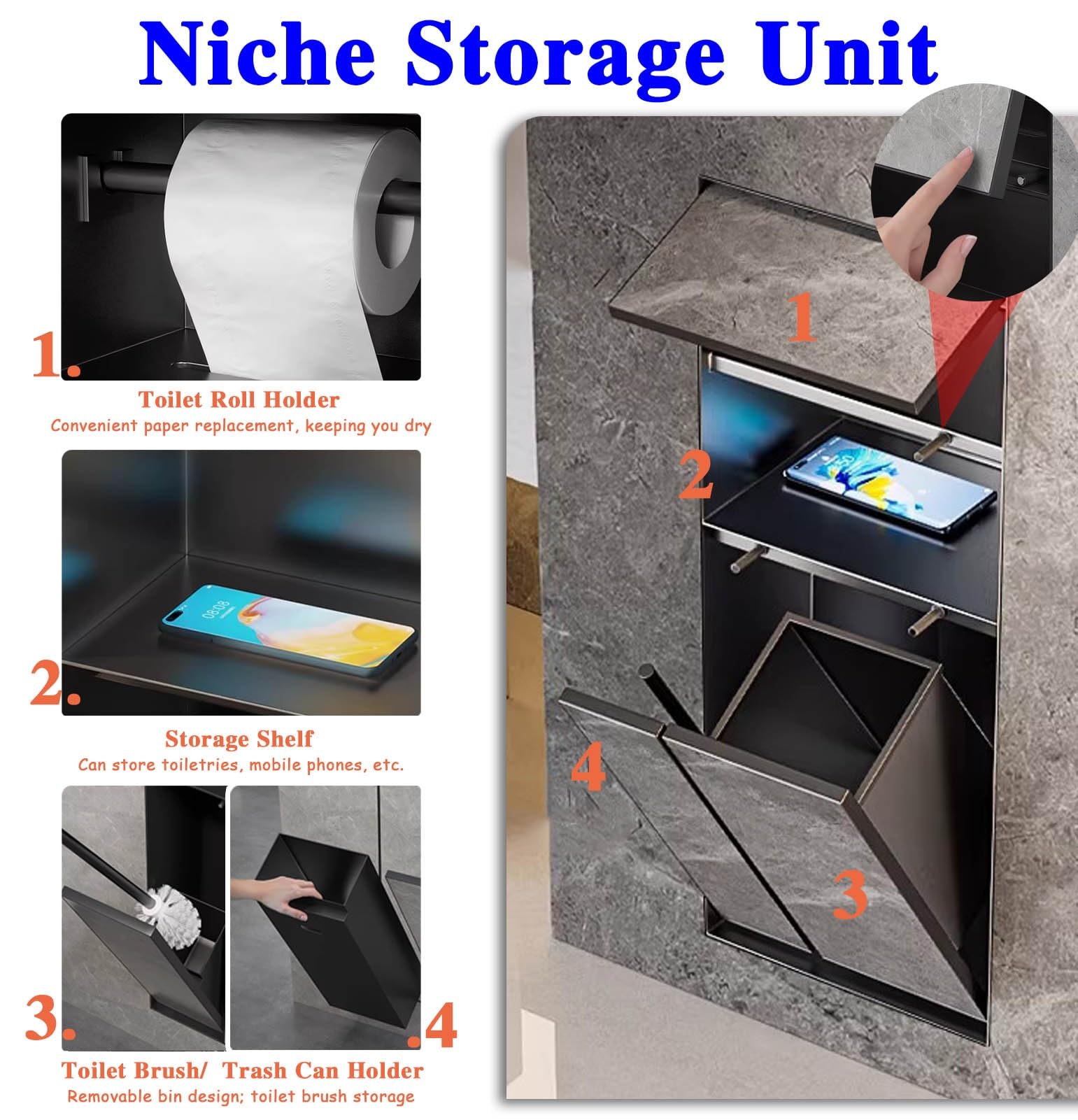 Nicchia Doccia Incasso Nicchia a Muro per Carta Igienica, Cestino per Rifiuti e Mobiletto, Porta Scopino per WC In Acciaio Inossidabile, Ideale per La Ristrutturazione del Bagno
