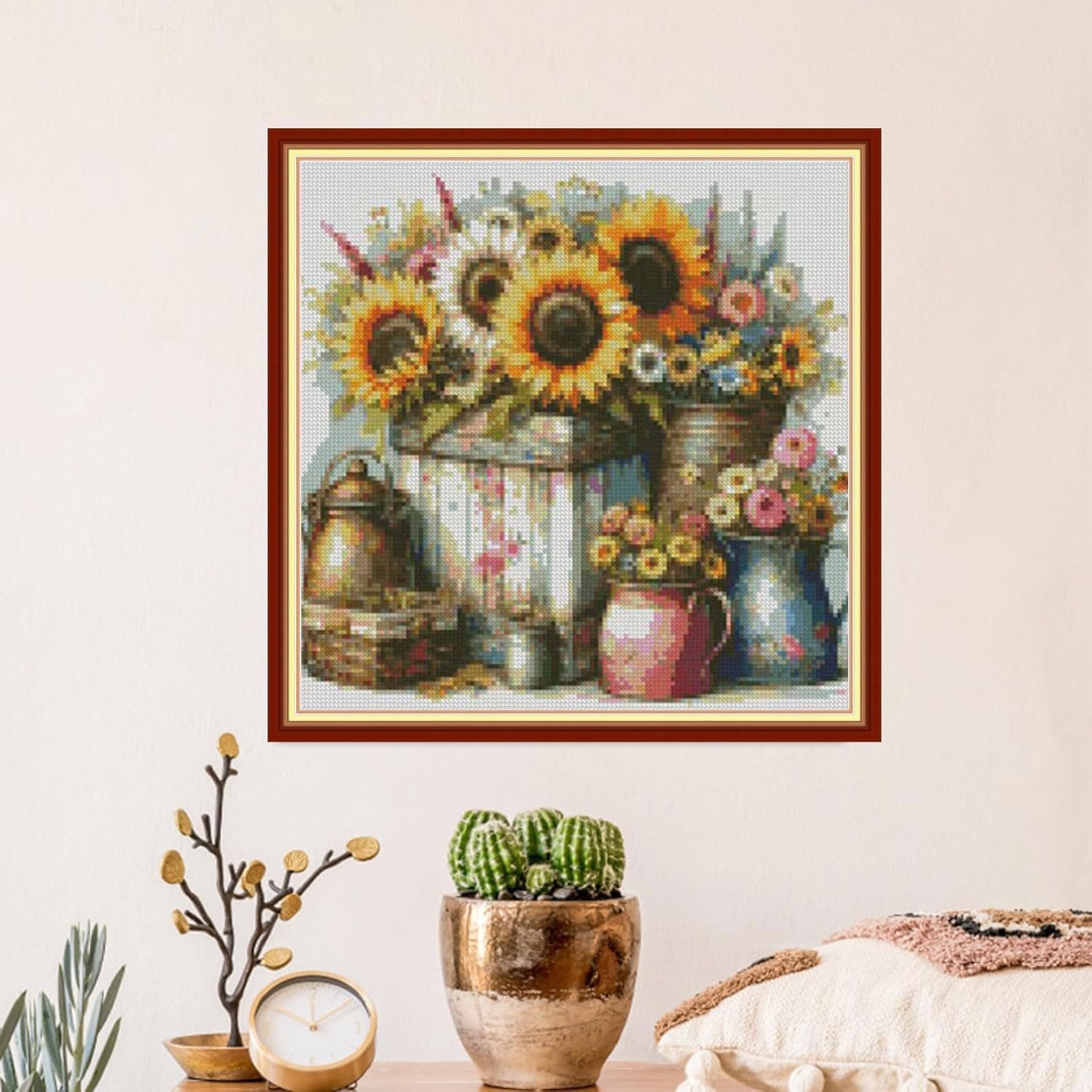 Sunflower and Spring Flower Cross Stitch Kits for Adults,Stamped Cross Stitch Kits for Beginner，DIY Needlepoint Embroidery Patterns Kits Embroidery Patterns for Home Wall Decor 13.7x13.7 inches