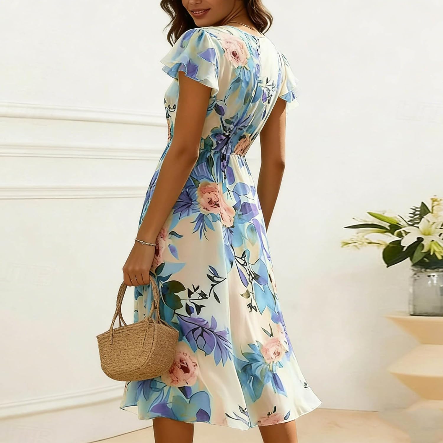 Womens Boho Floral Printed Chiffon Dresses Elegant V Neck Short Sleeve Summer Wedding Prom Cocktail Midi Dresses