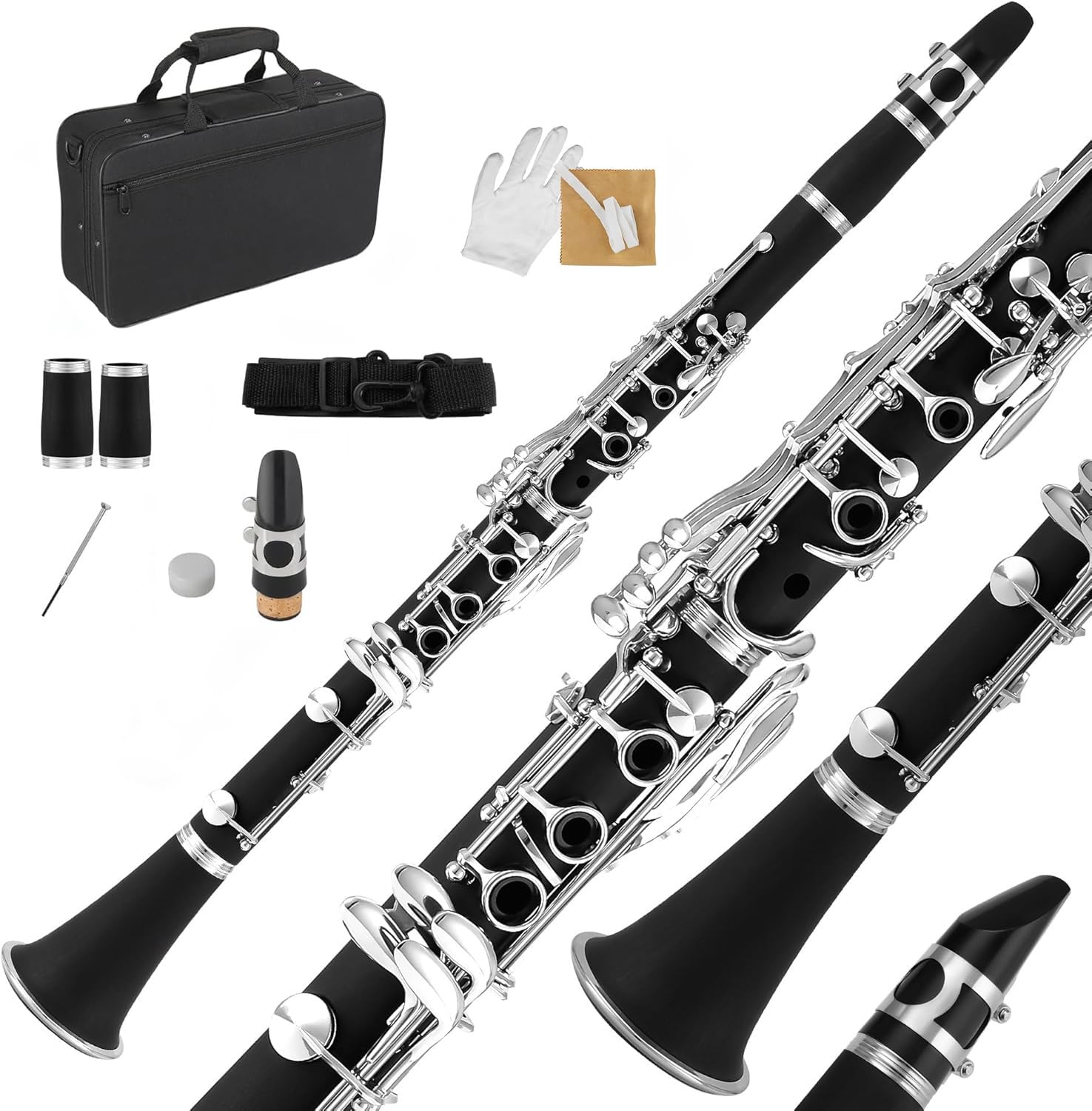 Clarinette Sib, Clarinet 17 Clés en Nickel pour Débutants, Clarinette si Bémol Professionnel ABS avec Étui Rigide, Chiffon de Nettoyage, Gants, Tournevis, Noir