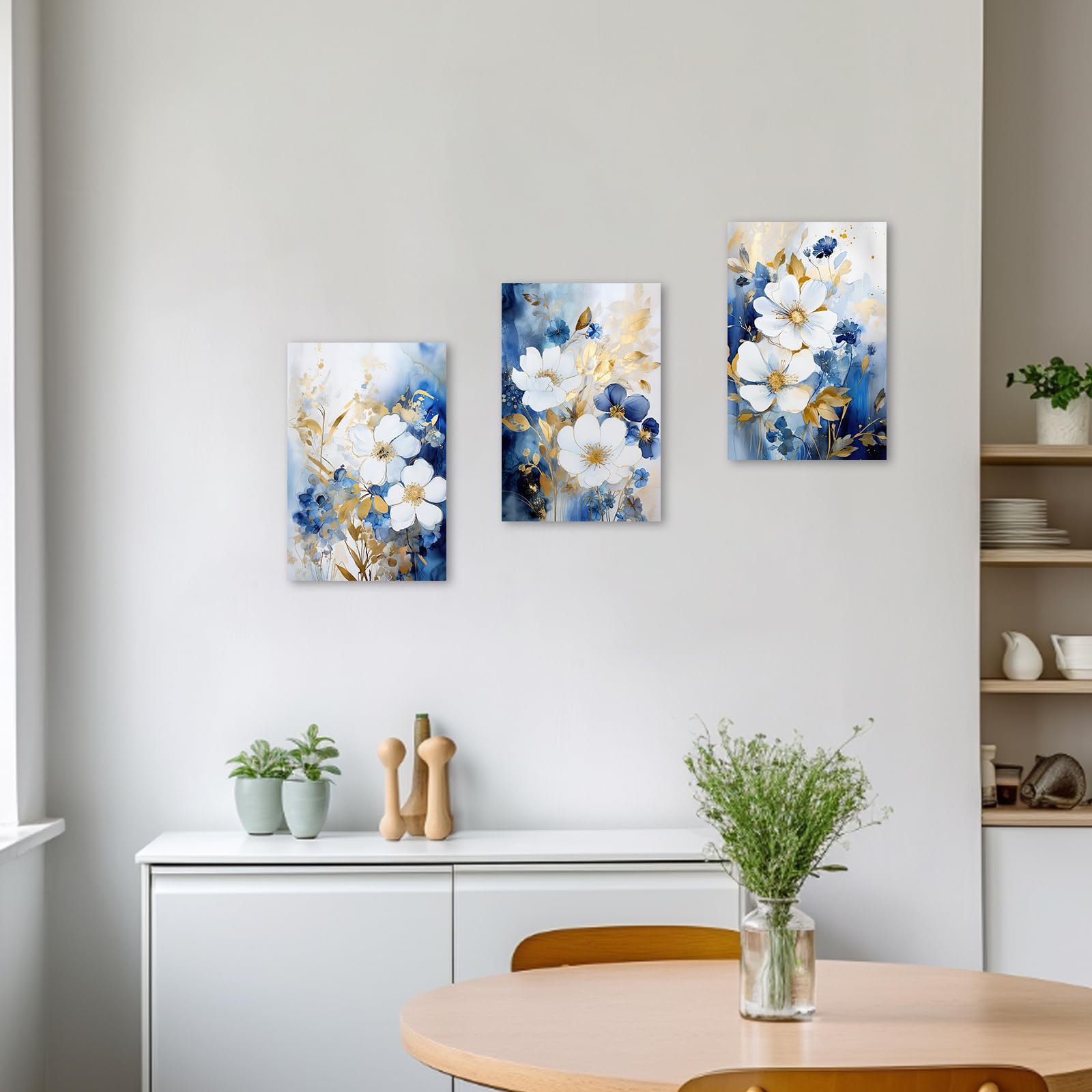 [ゆゆ] ZXHYWYM Abstract Floral Wall Art 3 Pieces Navy Blue Flowers