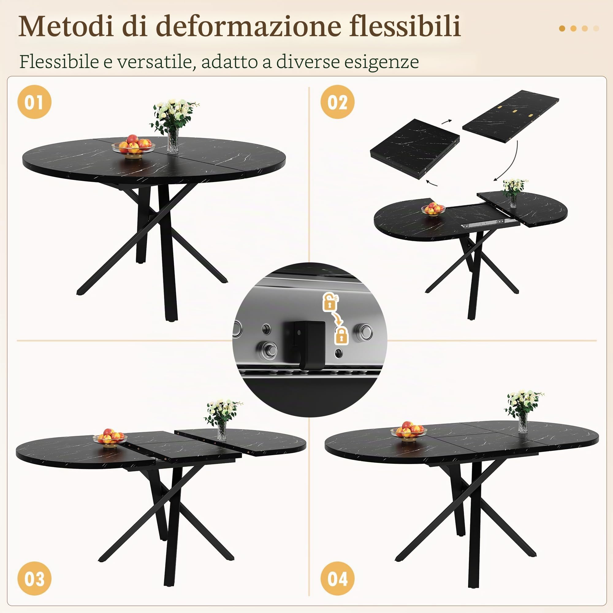 Kebnor Tavolo allungabile rotondo effetto marmo, 100 cm (allungabile fino a 140 cm) x 75,5 cm di altezza, con robusta struttura in metallo di colore nero, ideale come tavolo da cucina o tavolo da