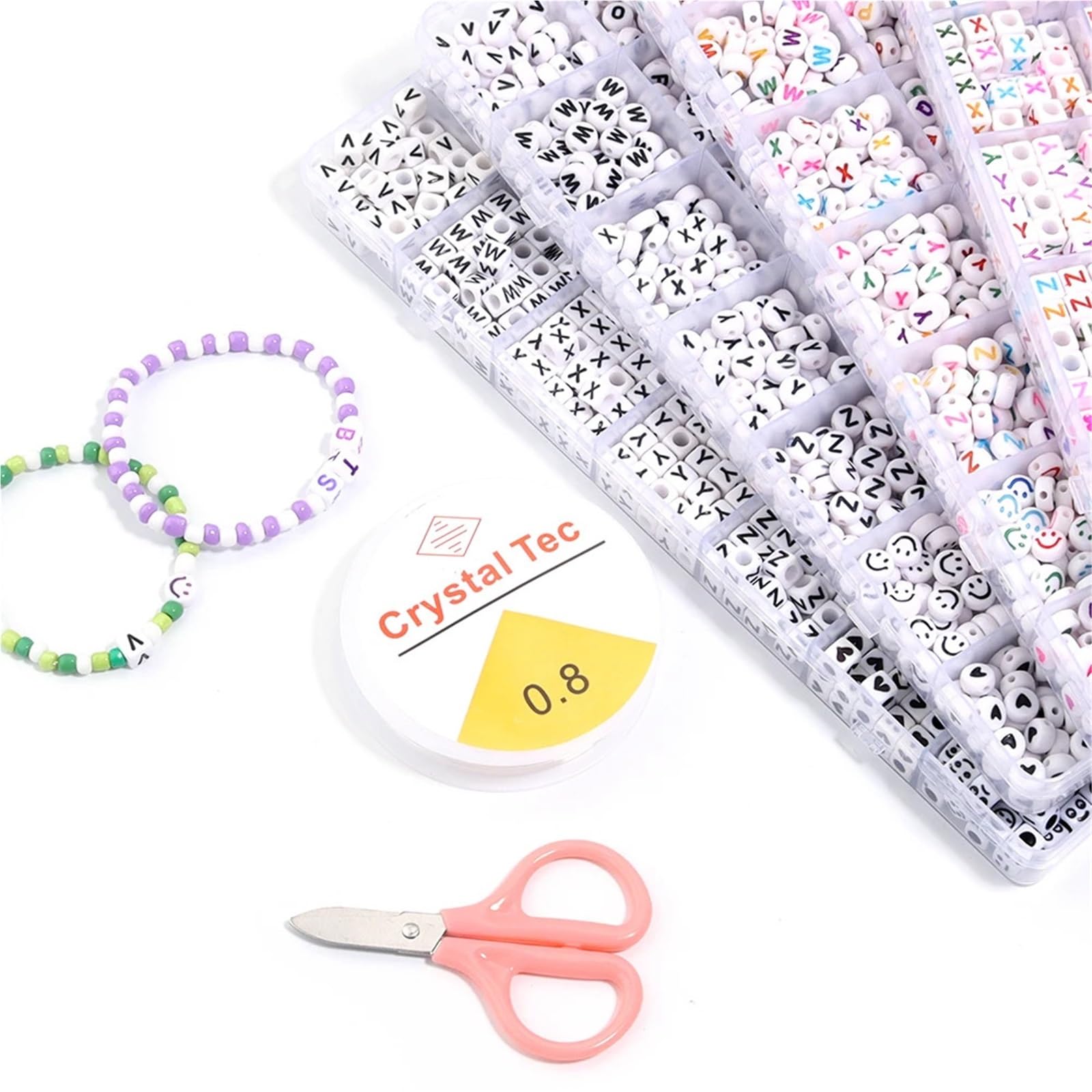 Schmuck Selber Machen Set 28 Gitter farbige Buchstabenperlen-Sets von A-Z, quadratisch, rund, Alphabet-Perlen-Set mit Linie for die Schmuckherstellung, Armbänder, Halsketten, Perlen(Color 2)
