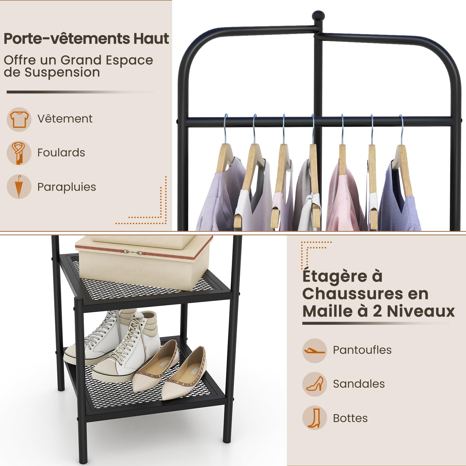 COSTWAY Porte Manteau sur Pieds, Portant a Vetement Solide avec Cintre Supérieur et 2 Étagères en Maille, Kits Anti-Basculement, Vestiaire d'Entrée, Hauteur 193,5 cm, pour Entrée, Chambre (Noir)