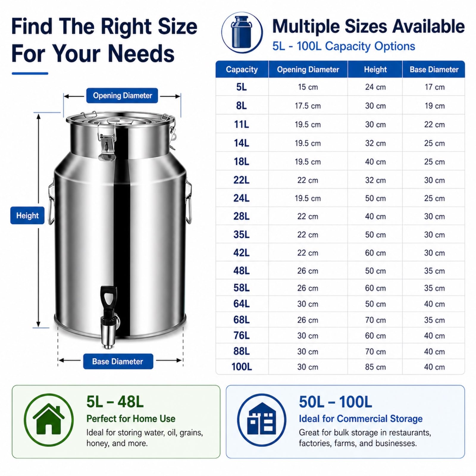 Bidón de leche de acero inoxidable 304 con tapa hermética y grifo | Bidón de leche estanco para almacenar y transportar aceite y vino(No Spigot,35L/9.2 Gal)