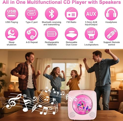 Miniatura 2 de Gueray Reproductor de CD portátil Bluetooth Reproductores de CD para el hogar Recargable de pared de escritorio Reproductor de CD portátil con