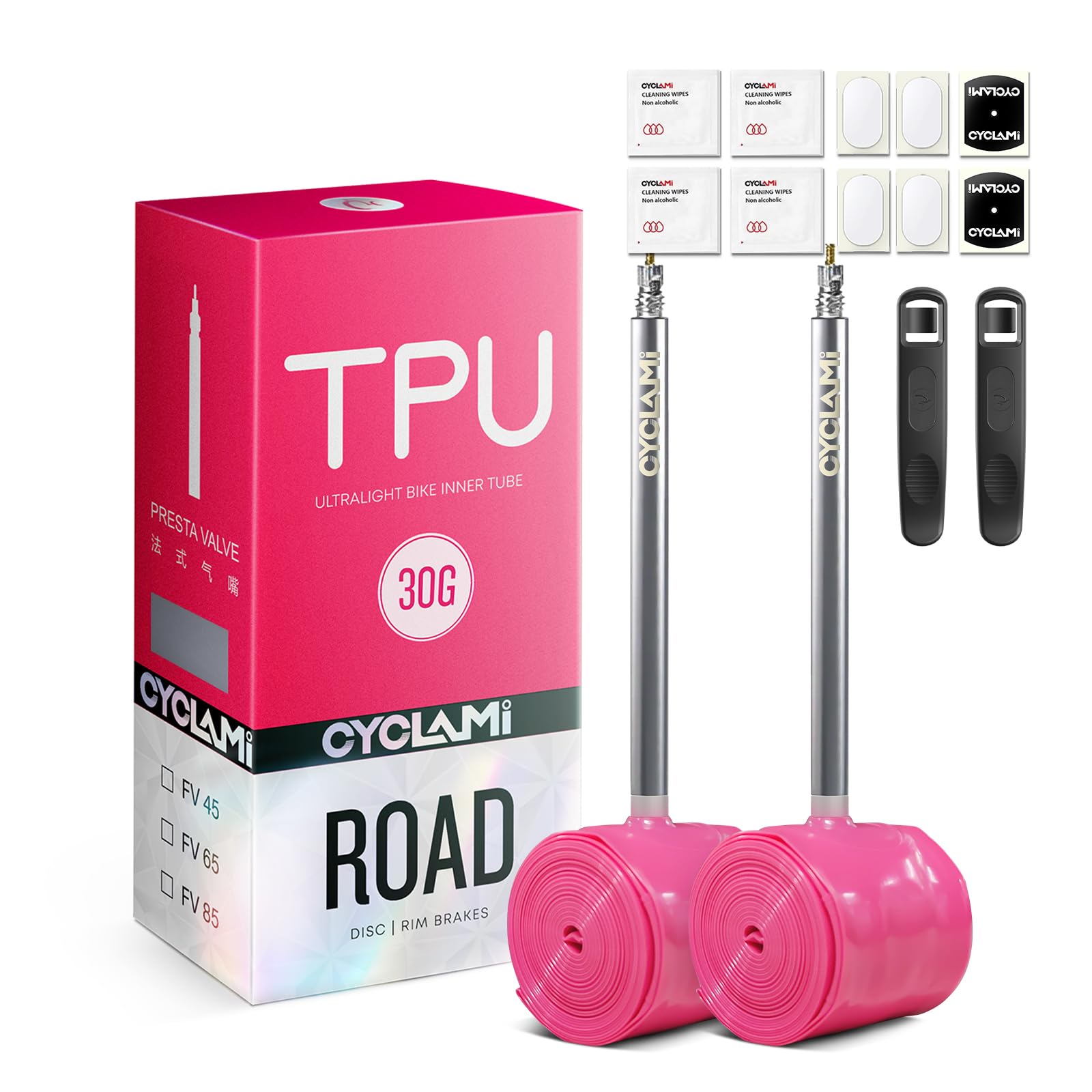 CYCLAMI 1/2PCS TPU Inner Tube 700C,Metal Valve Ultralight 30g Road Bike Inner Tube Compatible with 700x18/23/25/28/30/32C Metal Presta Valve 45/65/85mm (2PCS-Presta Valve:85mm)