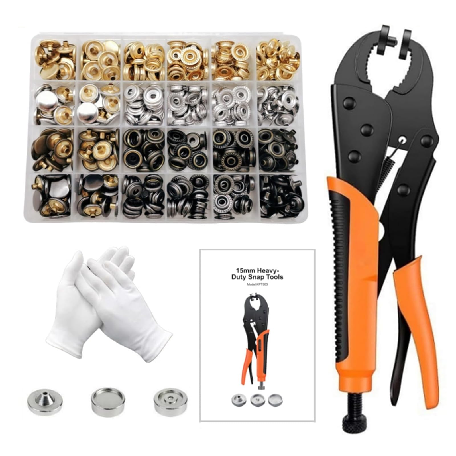 Snap Fasteners Tools Sets,100 Set Press Buttons,with 3 Dies,15mm Metal Snap Buttons,for Making Holes in Leather Belts Canvas Jeans