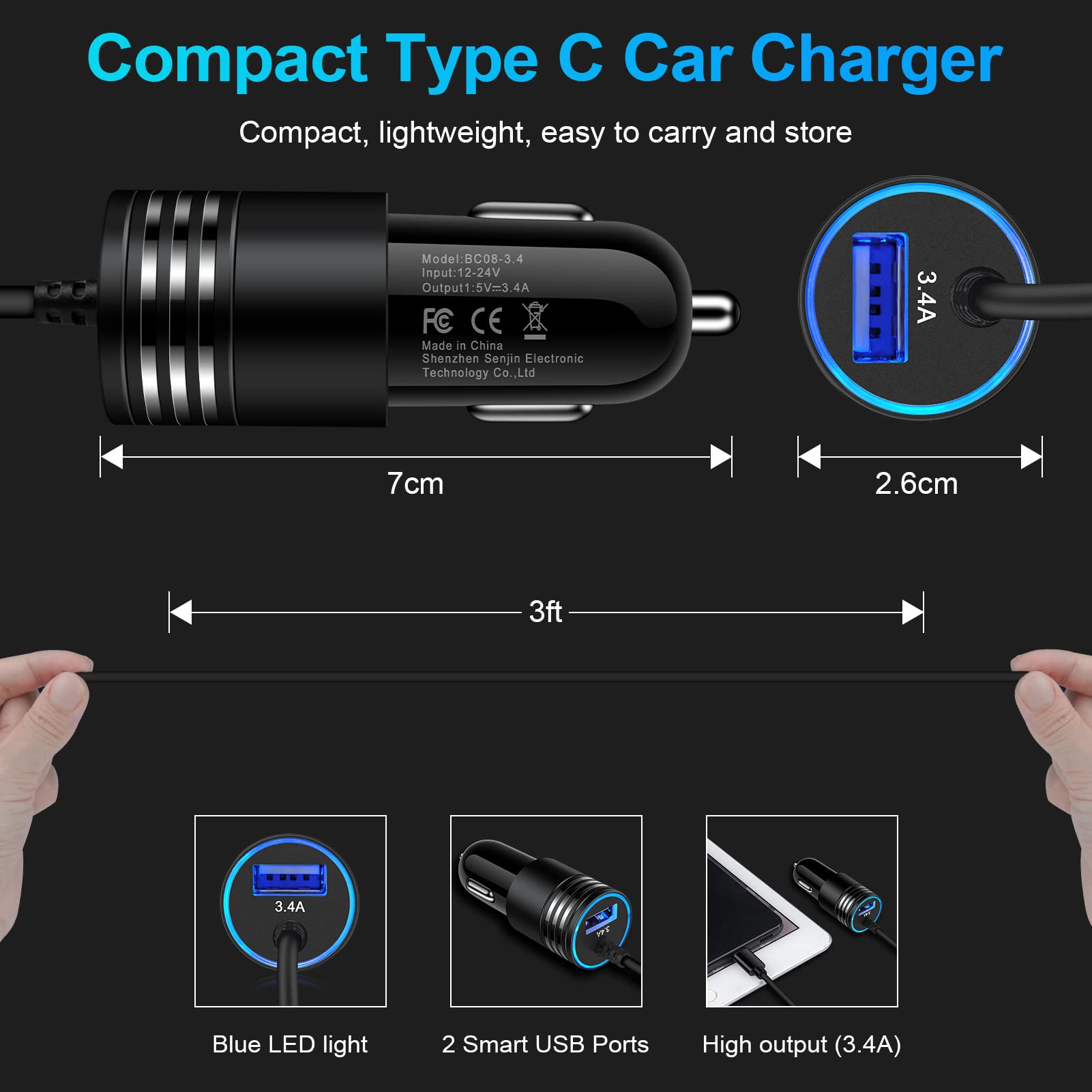 Ładowarka samochodowa 3,4 A typu C z kablem USB C