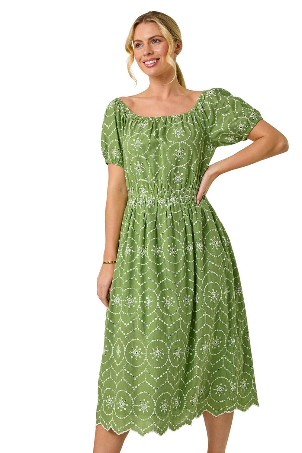Roman Petite Contrast Embroidery Dress for Women UK - Ladies Everyday Holiday Spring Summer Round Neckline Comfy Soft Evening Vacation Work Party - Petite Khaki - Size 14