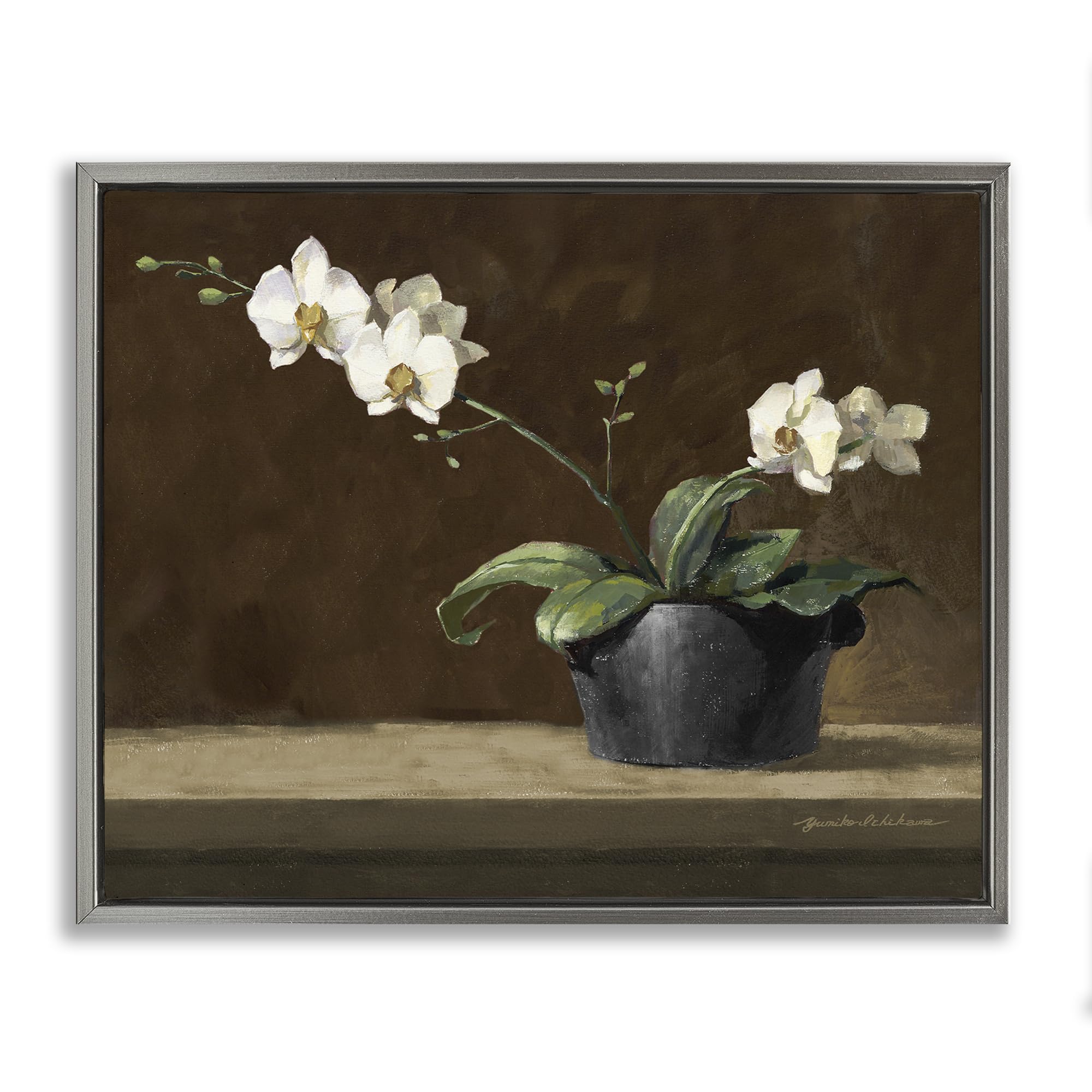 'Potted White Orchid on Ledge'| Floating Frame Canvas Art