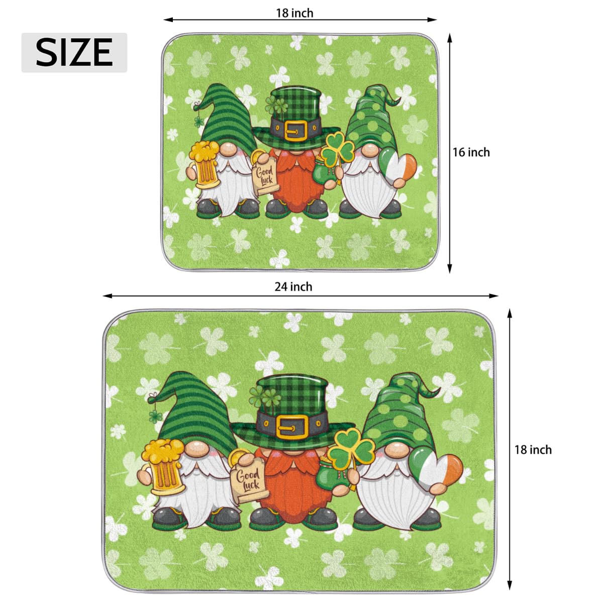 St. Patrick's Day Gnome Dish Drying Mat Washable Drying Mat Dish Pads Absorbent Dish Drainer Mat for Home Dishes Kitchen Counter Sink Dining Table,18 X 24in