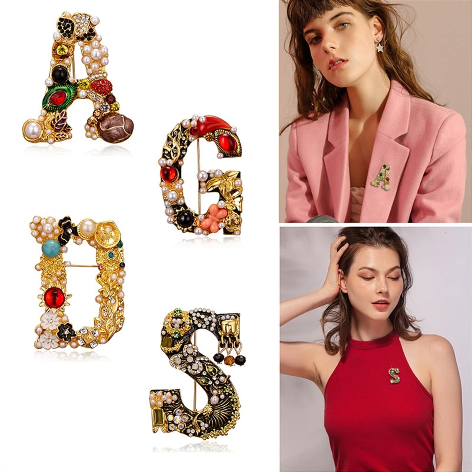 Broche Broche con letras de perlas, broches con diamantes de imitación del alfabeto inicial for mujer, joyería for vestido de boda y compromiso, accesorios de aniversario Broches para Ropa (Color : S