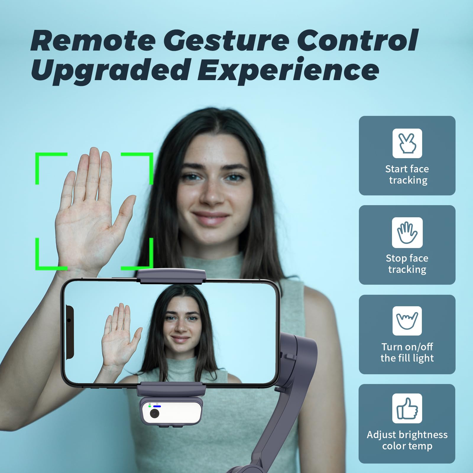 Estabilizador de cardán de 3 ejes, módulo de seguimiento de IA con luz de relleno de 3 temperaturas de color, control por gestos, trípode integrado, para iPhone y Android (negro)