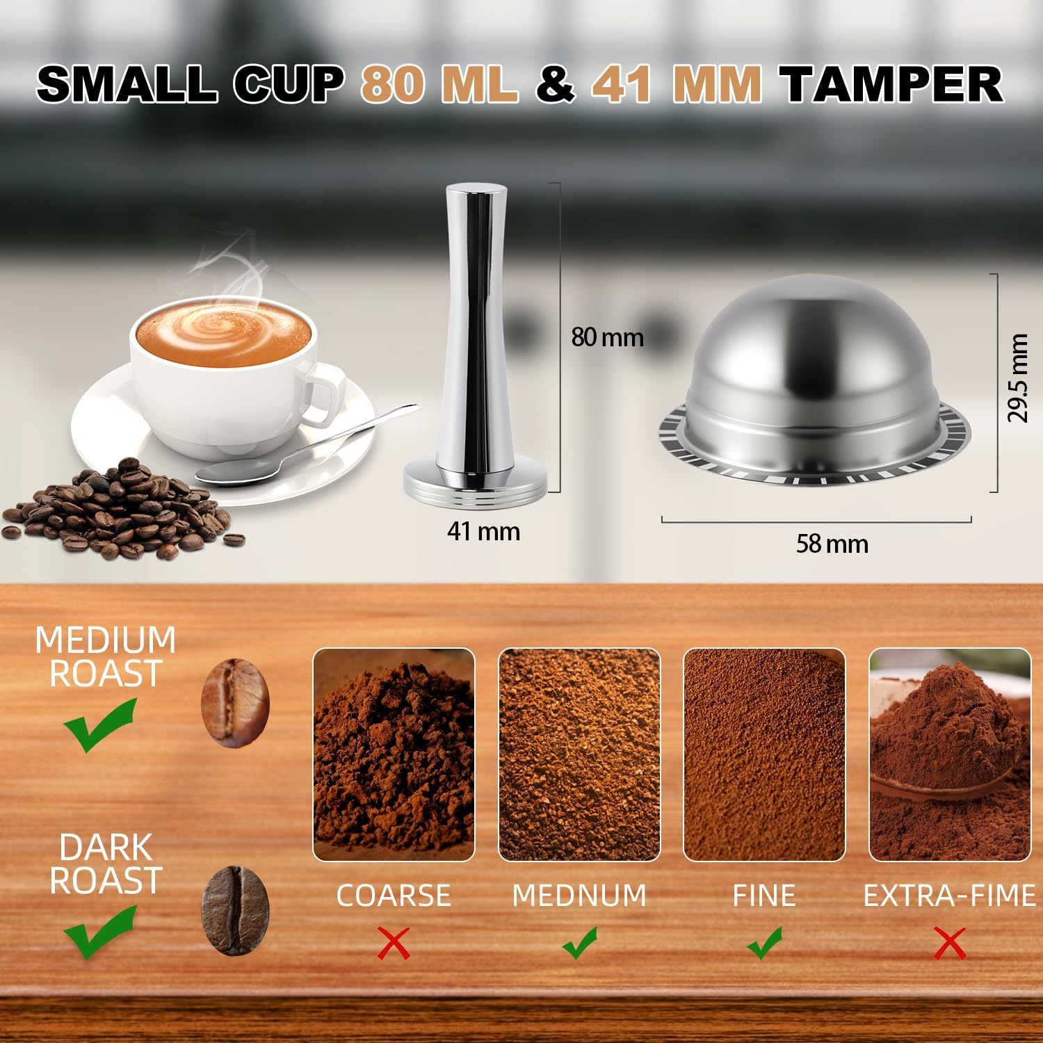 Reusable Stainless Steel Coffee Capsule for Nes-resso Ve-tuo, 80mL Refillable Pod with Food Grade Silicone Lids and 41mm Tamper, Compatible with Ve-tuo Plus/Pop/Next Machines