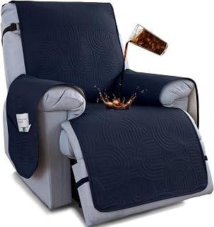 100% Waterproof Recliner Chair Cover,Non Slip Covers for Recliner Chair Washable Dog Chair Cover Furniture Protector with Pocket, Elastic Straps for Kids, Dogs, Pets (Navy Blue, 28'')
