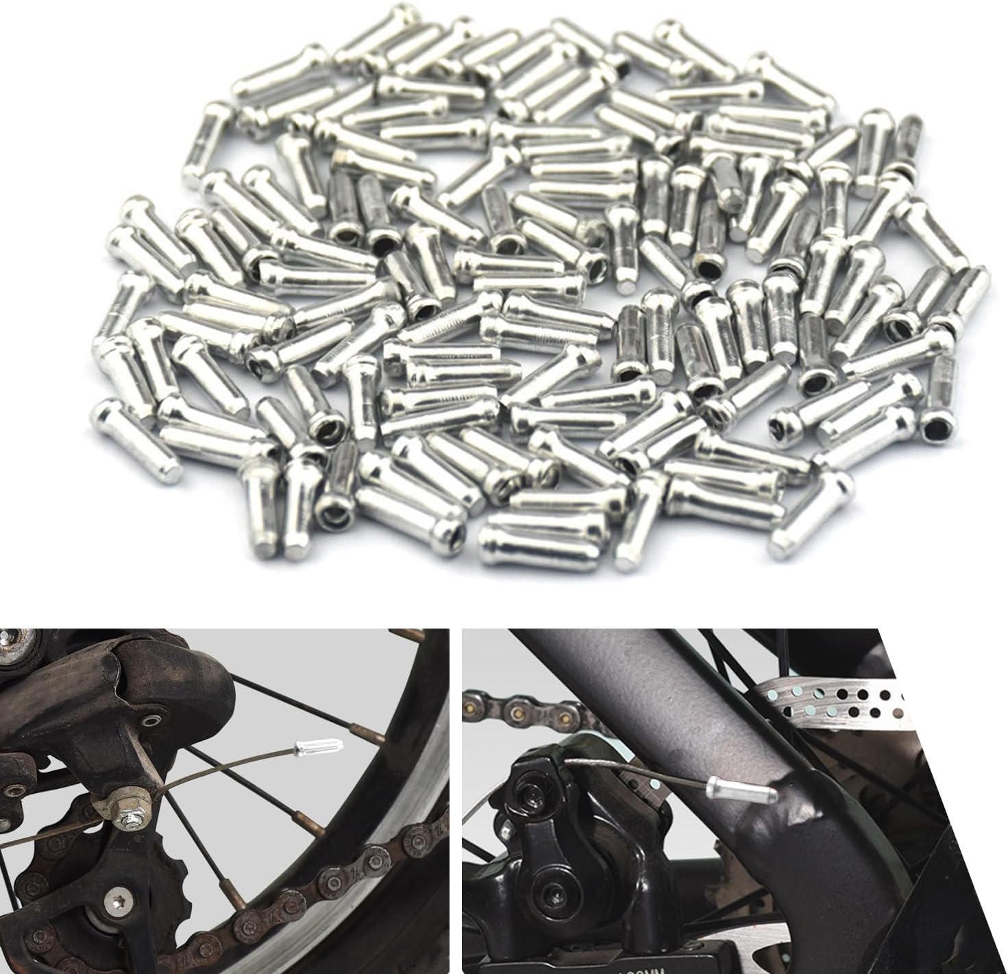 100 PCS Bike Brake Cable End Tail Caps, Alloy Durable Anti-rust Cable Head Crimp Cover, Perfectly Wrapped Anti-scattering Protection Cover, Universal for Most Road and Mountain Bikes (Silver)