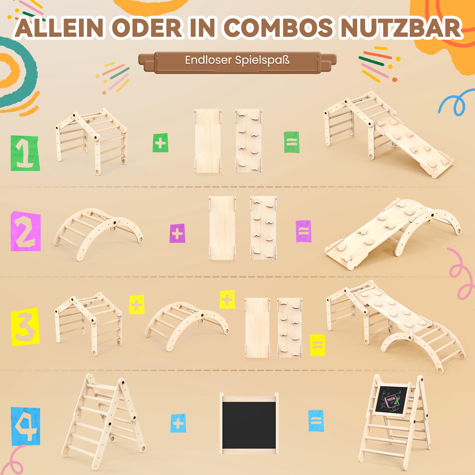 8-in-1 Montessori Klettergerüst Indoor Set, Verformbares Kletterdreieck mit Rutsche, Kletterbogen und Kreidetafel, Ideal für Babys & Kleinkinder 1-6 Jahre, Fördert Spiel, Bewegung und Kreativität