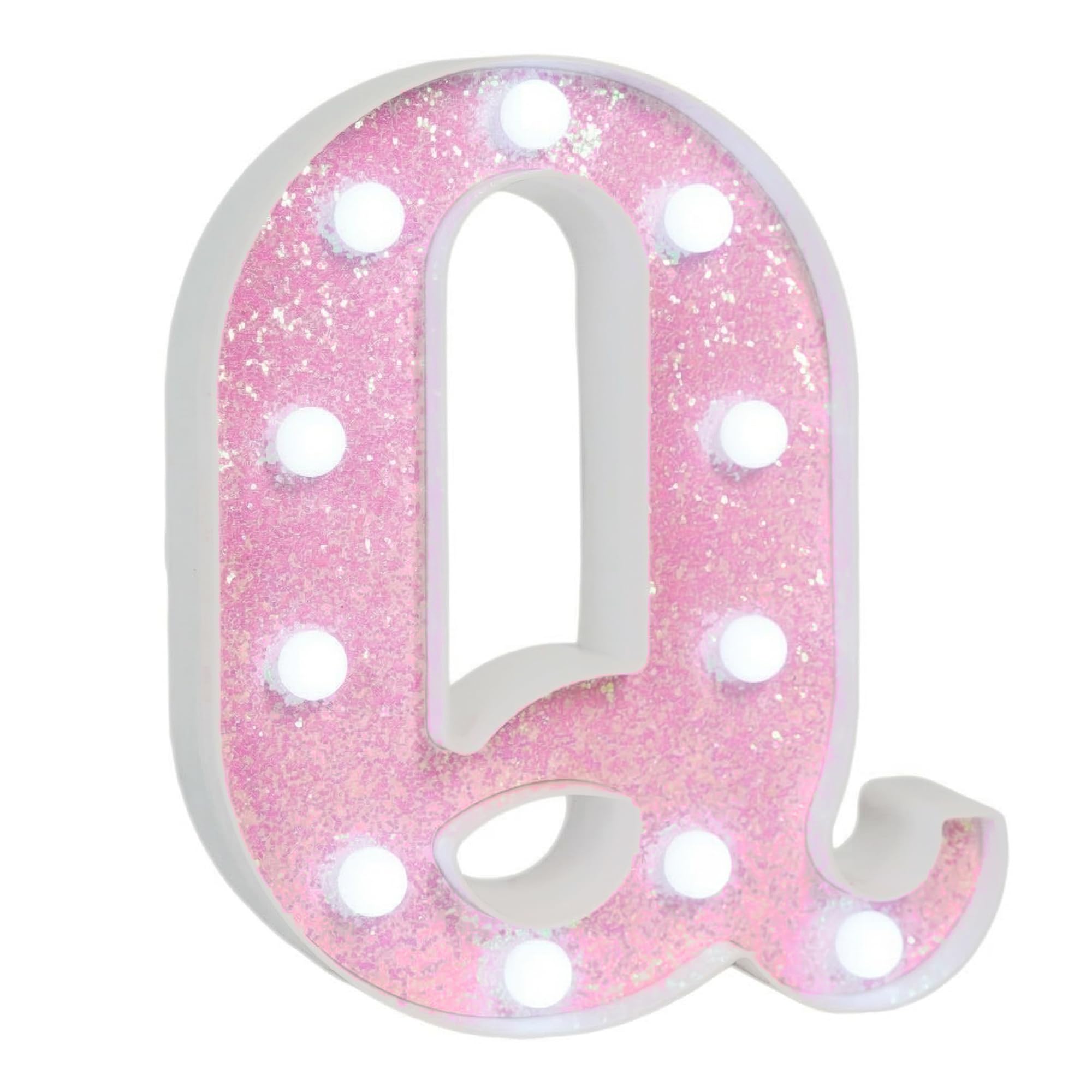 EUFONY LED Pink Glitter Marquee Light Up Letter Q, Cool White Lights Alphabet Letters for Girls' Bedroom, Wall & Table Decor, Battery-Powered Letter Sign for Birthday Party, Wedding, Room Decorations — image 1