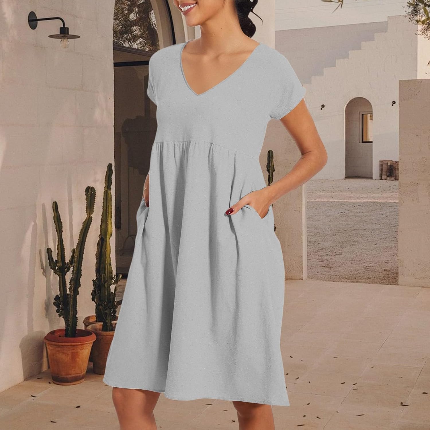 Abito estivo a maniche corte con scollo quadrato da donna, linea ad A, prendisole a tunica, fluente, abito midi plissettato, a maniche lunghe, elegante, Blu marino, XL