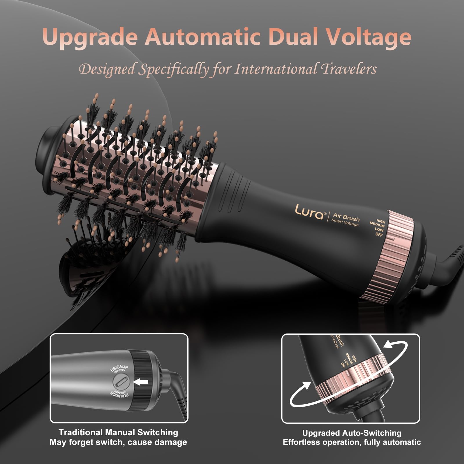 LURA Automatic Dual Voltage Hair Dryer Brush with Travel Bag