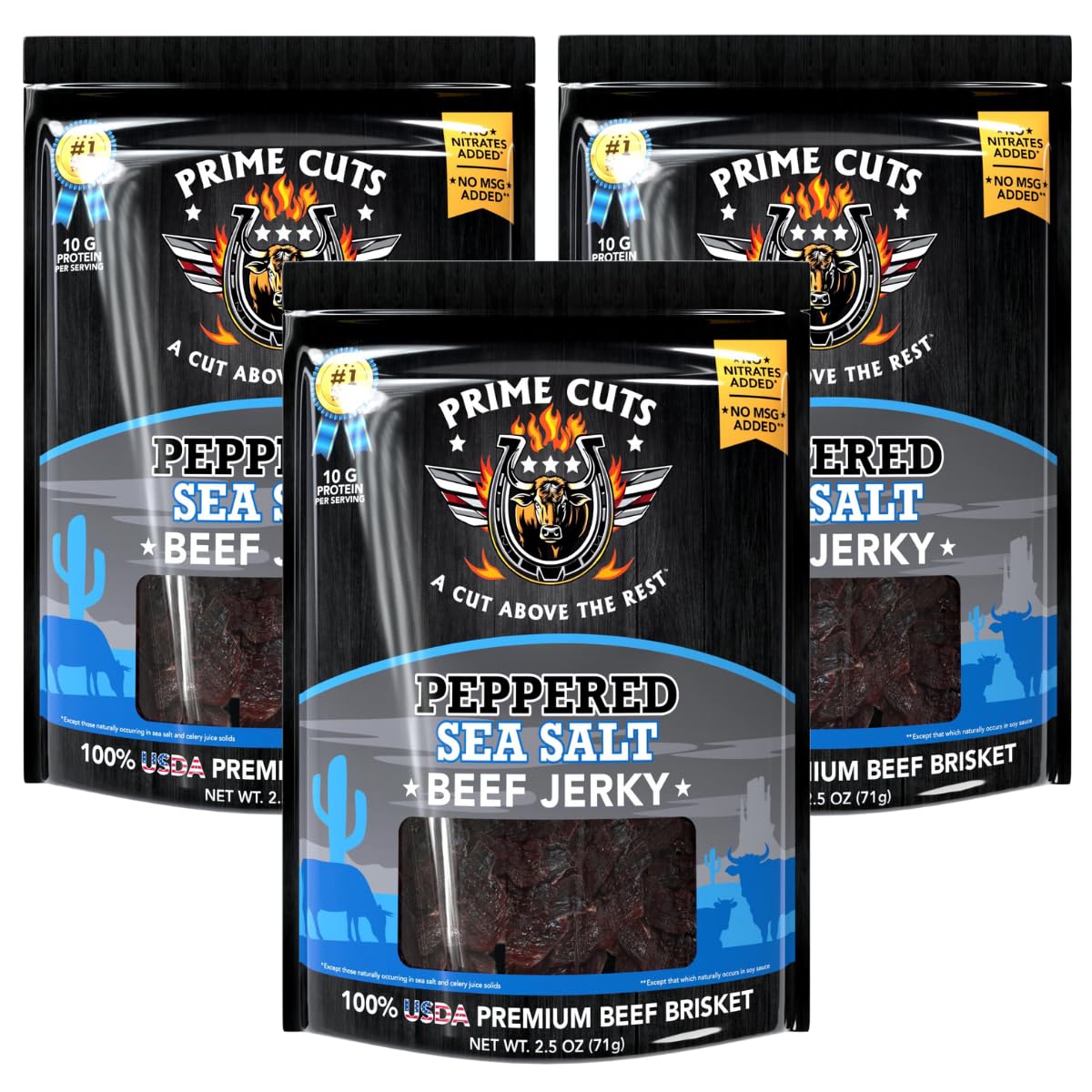 Prime Cuts Peppered Sea Salt Beef Jerky | USDA Prime Brisket | Classic Black Pepper and Sea Salt Flavor | High-Protein, Low-Fat Snack | No Artificial Ingredients | Perfect Anytime