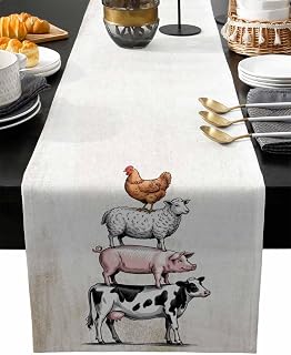 Farm Animals Table Runner Cotton Linen 60 Inch Holiday Dresser Scarves, Retro Farmhouse Cow Pig Chickens Sheeps Tablerunner for Kitchen Coffee Dining Bedroom Living Room Dinner Scarf Décor 13''x60''