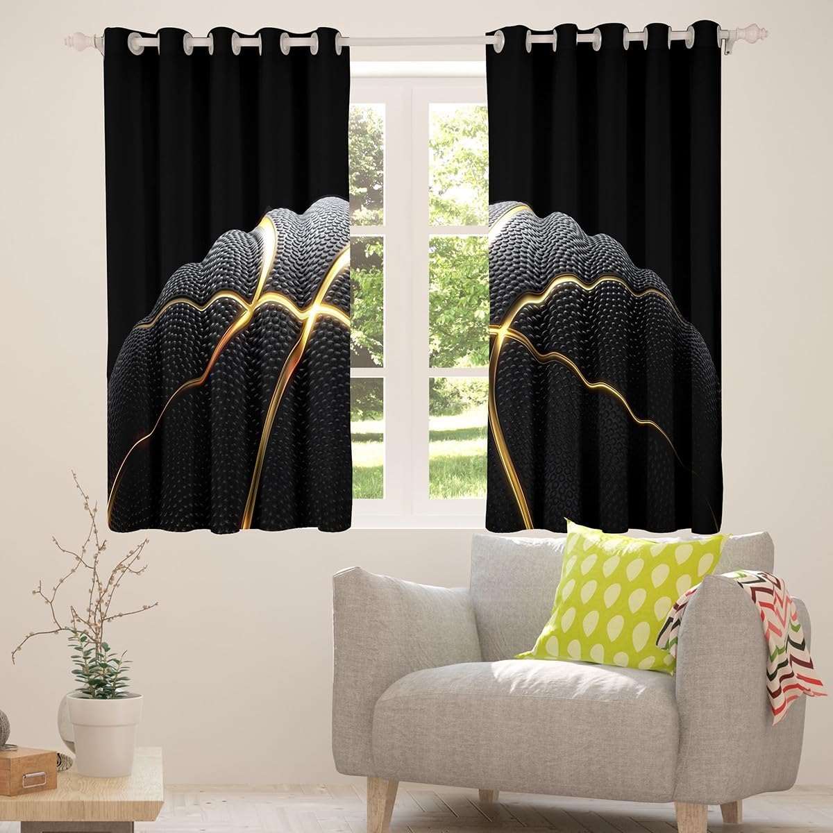 jejeloiu Basketball Window Drapes (2 Panels, 38 x 45 Inch) Kids Gaming Sports Blackout Shades Window Treatments Ball Games Curtain Gift for Basketball Lover Gold and Black Room Decor