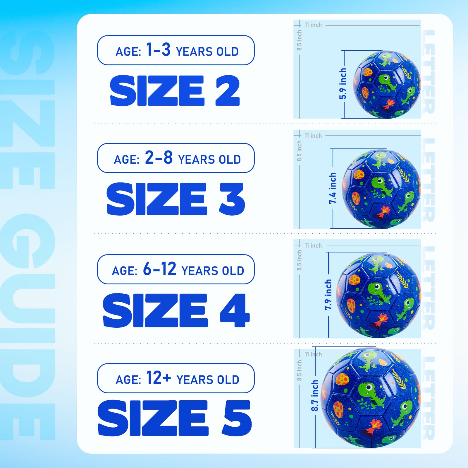 Balón de fútbol de tamaño 2 para niños pequeños, pelota de dibujos animados de dinosaurio azul para niños y niñas de 2, 3, 4, 5, 6 años, juego deportivo para interiores y exteriores con 2