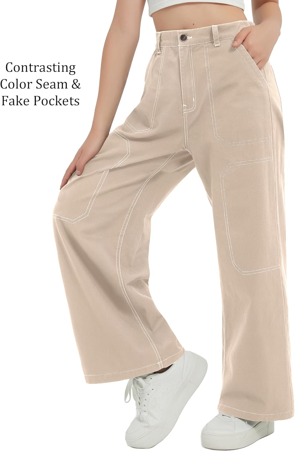 EXARUS Girls Baggy Jeans Cargo Wide Leg Pants Denim Teen with Pockets Back Elastic Waist Mid Rise Casual 8-14Y - Image 2