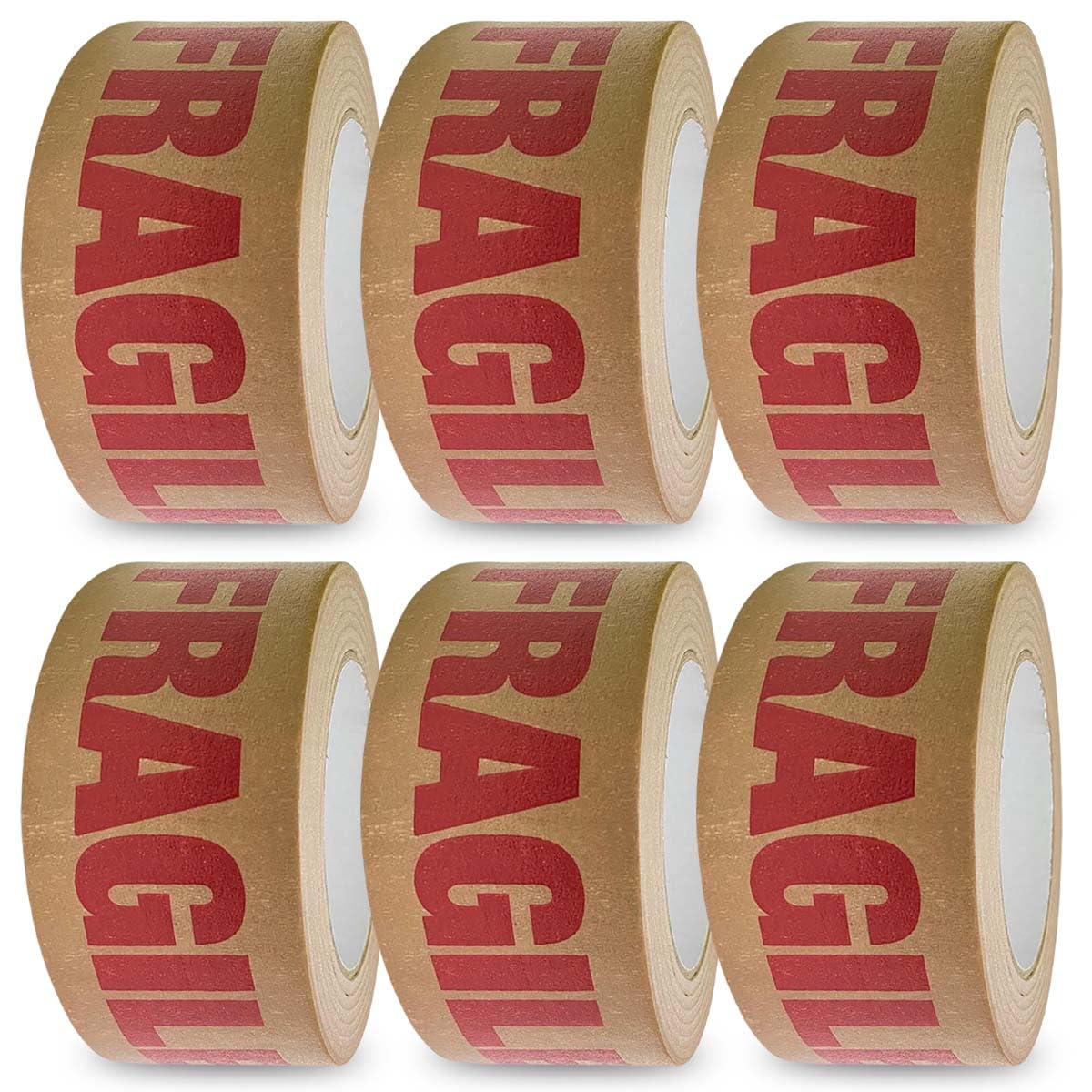 G4GOODS® 6 Rolls of Fragile Printed Kraft Paper Parcel Tape 50mm x 50m Brown Self Adhesive Eco-Friendly Packaging Tape Roll Ideal for Sealing Boxes Shipping Parcels and Packing Fragile Items Securely