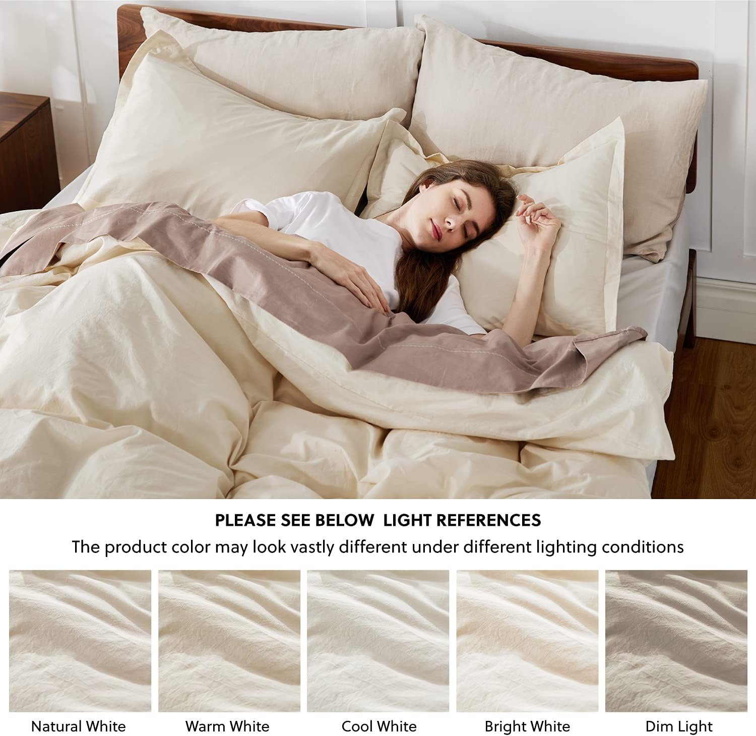 Bedsure 100% Washed Cotton Duvet Covers King Size - Cream Beige Comforter Cover Set 3 Pieces (1 Duvet Cover + 2 Pillow Shams)