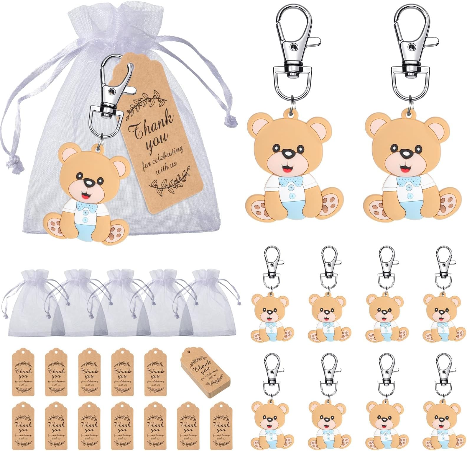 40 Sets Baby Shower Return Favors, Cute Cartoon Bear Keychains with Thank You Tags and Organza Bags, Bear Theme Return Favors Kids Birthday Party Decoration (Blue Bear)