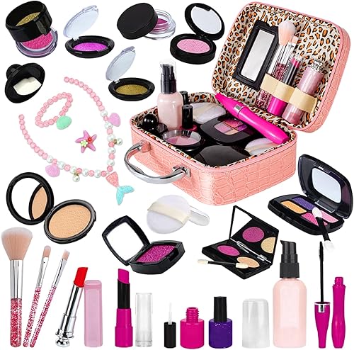 Kit de maquillaje de simulación para niñas pequeñas, juego de maquillaje para niñas pequeñas, juego de maquillaje de juguete falso con estuche de