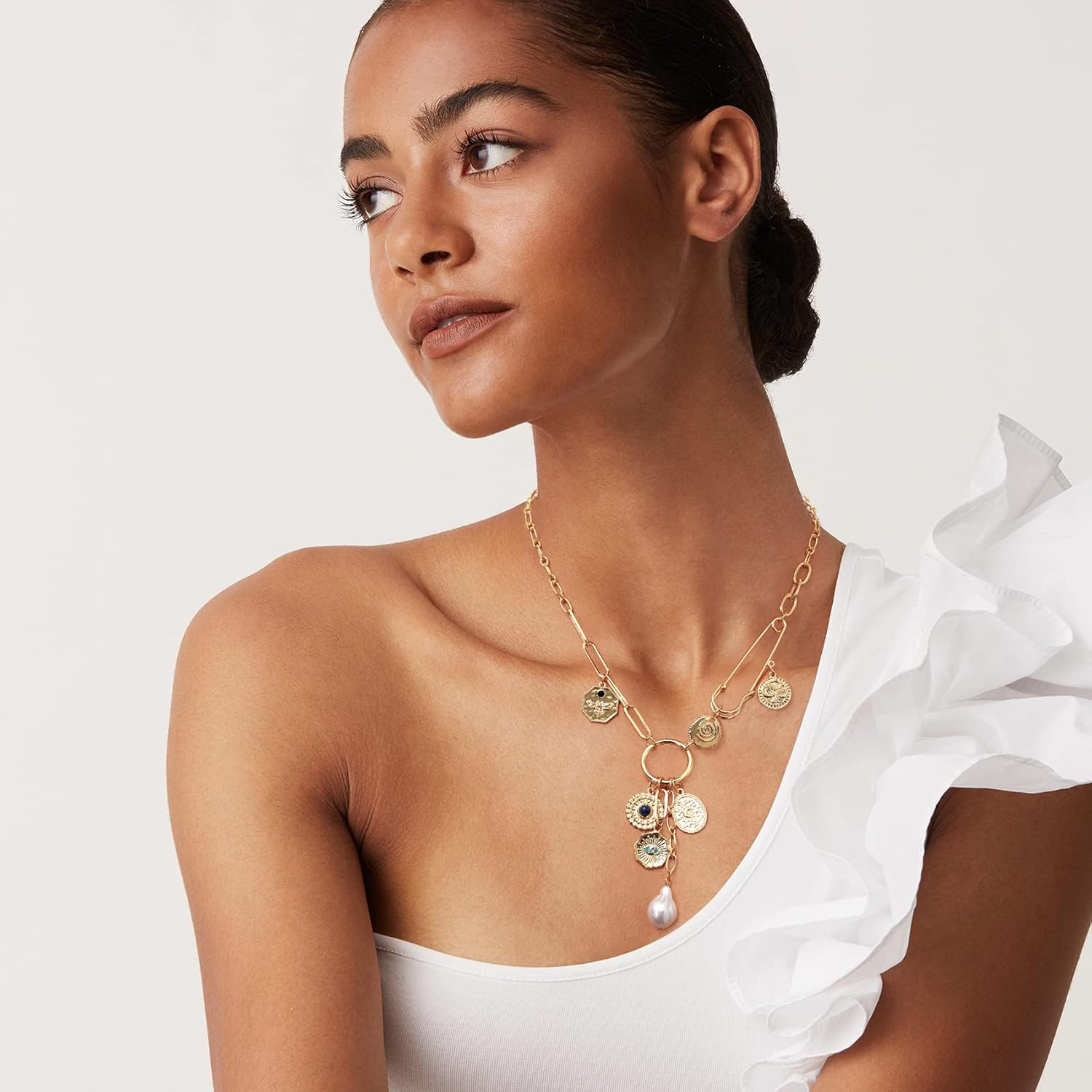 FANZE Vintage Evil Eyes Coin Baroque Pearl Paperclip Chain Pendant Charm Necklaces for Women 14K Gold Plated Trendy Lucky Jewelry Gift for Holiday Valentine Chrismas Halloween Party - Image 2