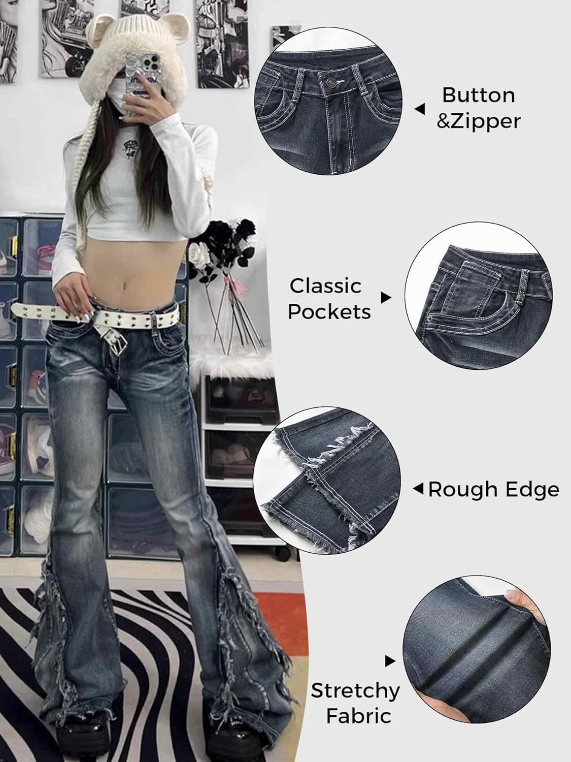 Women Bell Bottom Jeans Lace Up Bow Stretch Flare Denim Pants Cute Y2k Vintage Jeans - Image 5