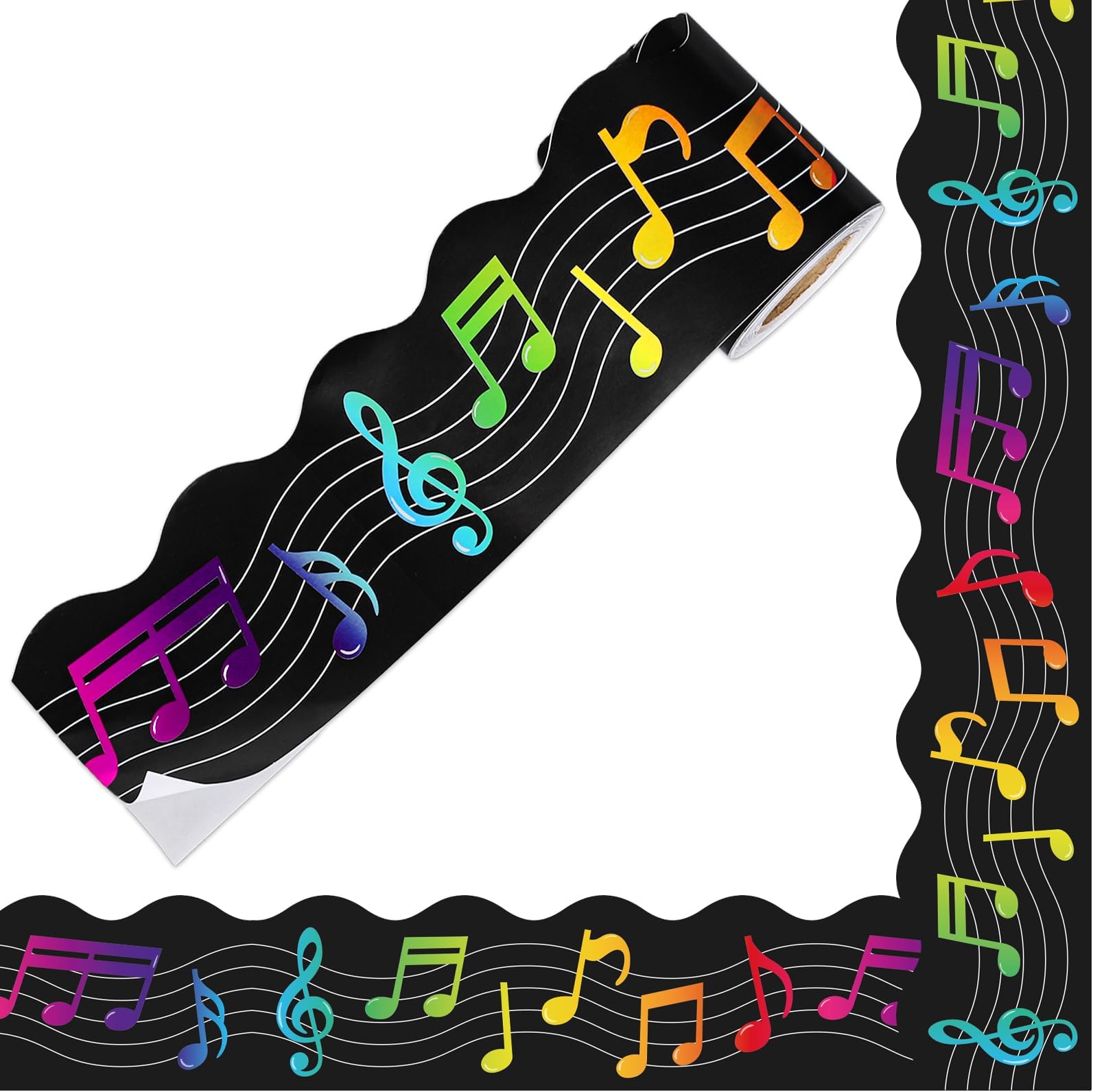 32.8 Ft Colorful Gradient Musical Notes Bulletin Board Border Music Themed Border Trim Self Adhesive Back to School Bulletin Board Stickers Roll for Classroom Office Party Decor