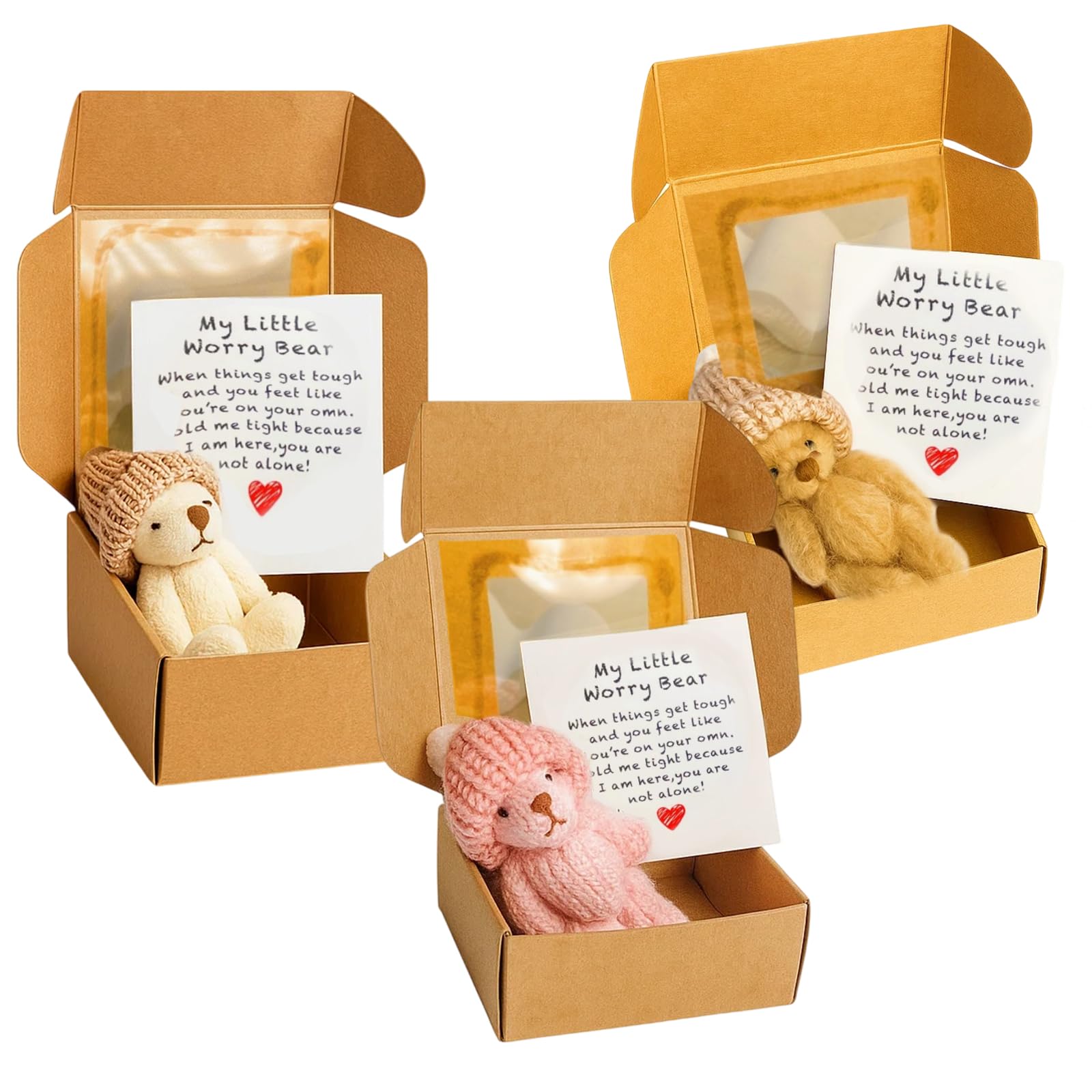 EujRcf 3 Pcs Mini Plush Bears Gift Set, Worry Bear Hug in a Box, Pocket Bears with Inspirational Card