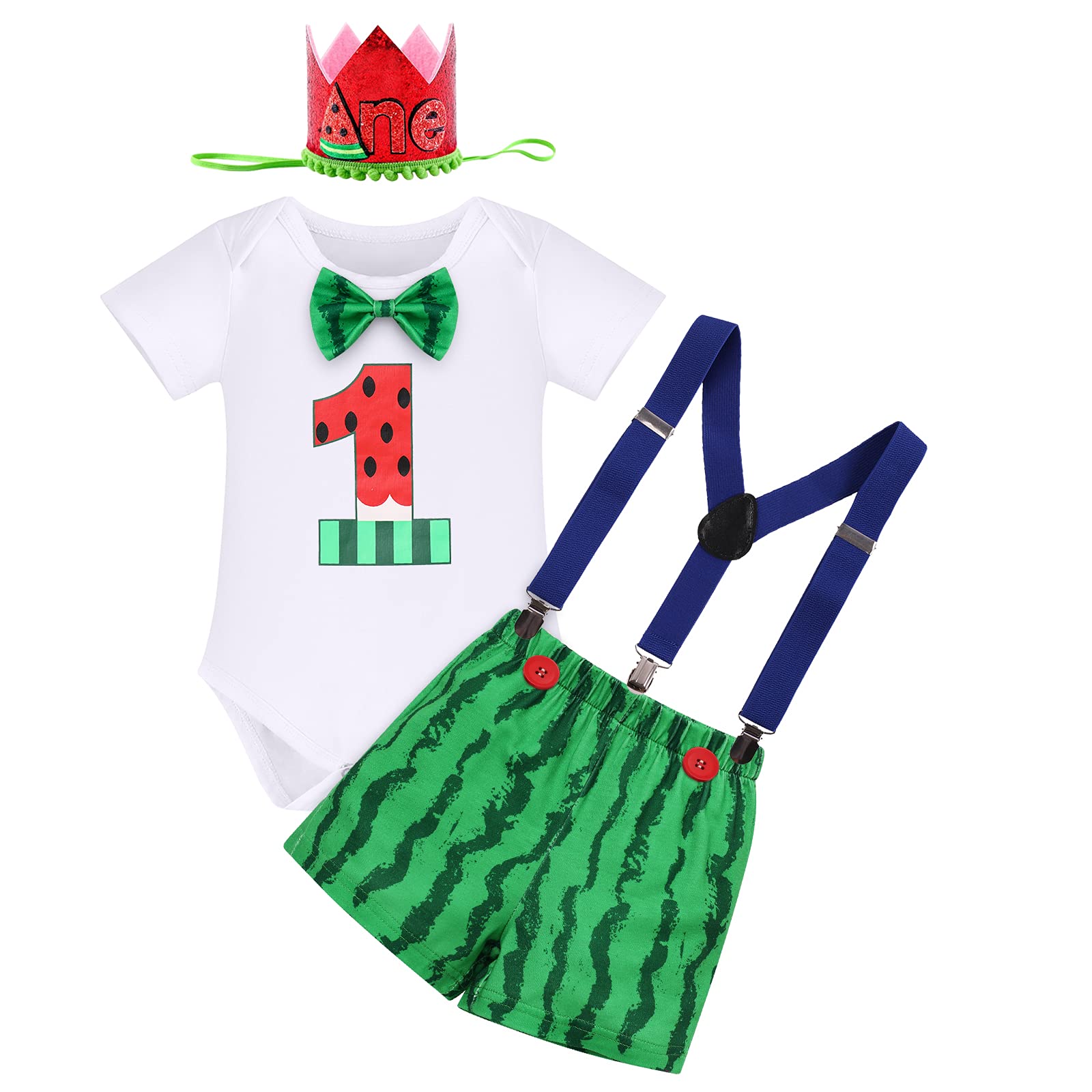 Watermelon 1st Birthday Boy Outfit for Baby Boys First Birthday Cake Smash Photo Props Bowtie Romper Suspenders Shorts Headband Set for Watermelon Theme Party 4PCS Green Watermelon - Boxer 12 Months