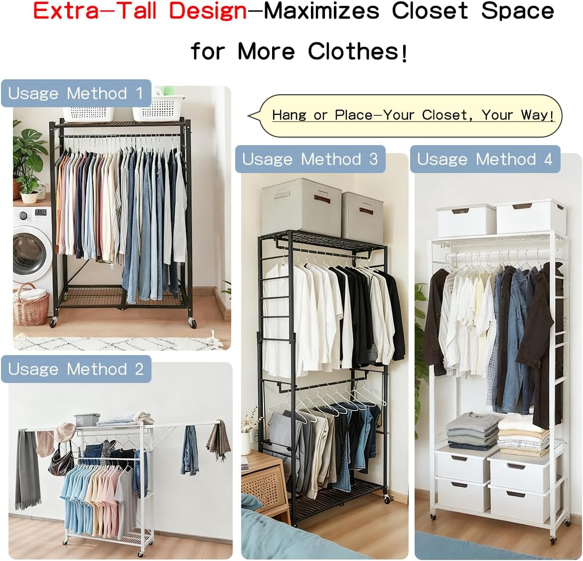 lumizone Folding Clothing Rack with Wheels Expandable Wardrobe Portable Clothes Rack for Hanging Clothes Adjustable Closet Shelves Garment Rack Durable Closet Racks for Hanging Clothes (Pro Black)