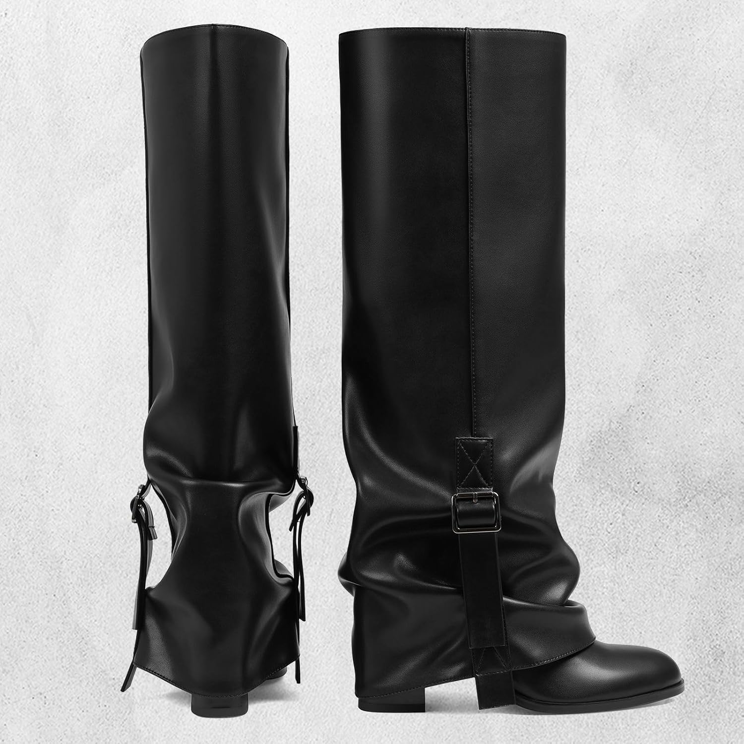 Wide Calf Knee High Boots For Women Fold Over Slouchy Round Toe Buckle Tall Shoes - Image 6