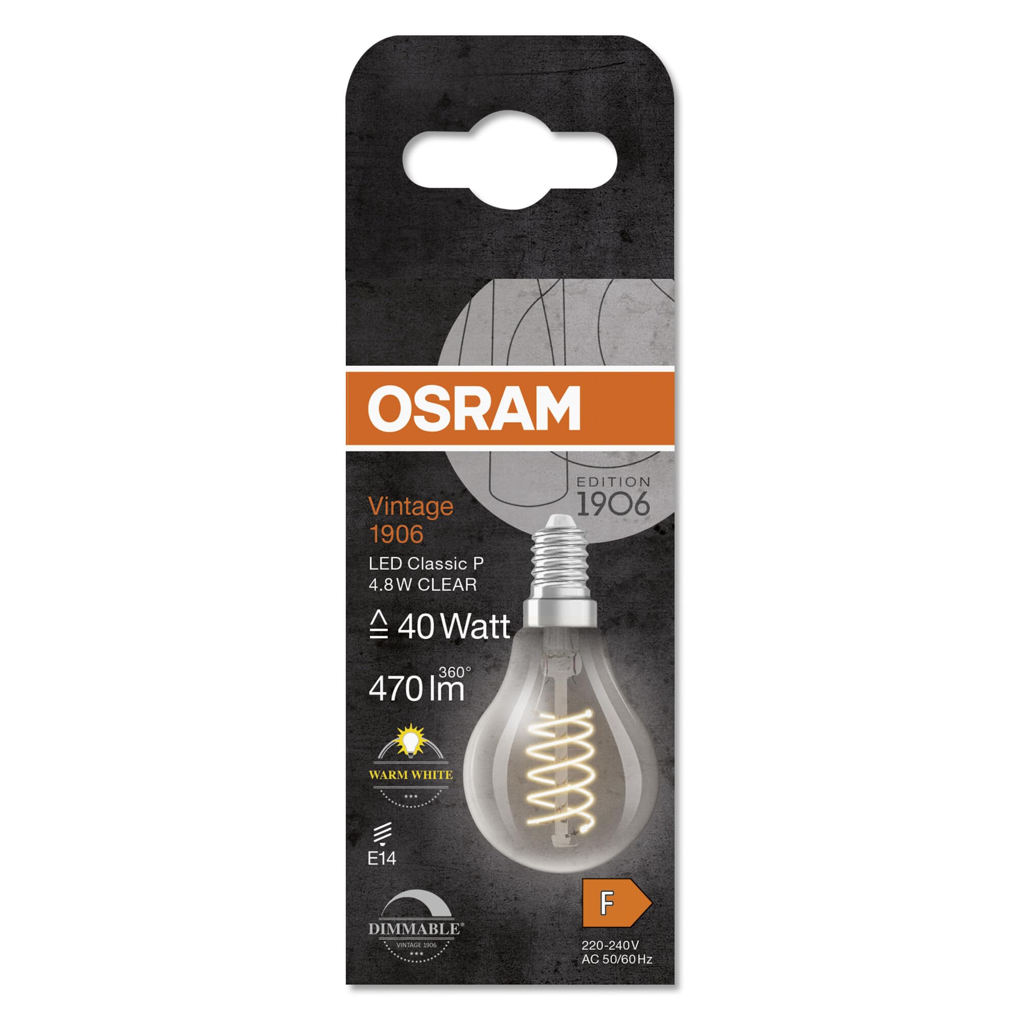 Osram Vintage 1906 Classic P FIL LED-Lampe, Miniball, E14, klar, 4,8W, 470lm, 2700K, warmweißes Licht, dimmbar, neues, ultraschlankes Filament, sehr geringer Energieverbrauch, lange Lebensdauer