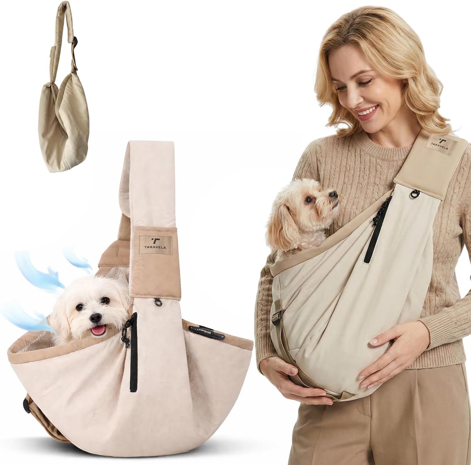 Dog Carrier Sling for Small Dogs & Cats Up to 20 lbs – Cat Sling Carrier Chest, Puppy Backpack Purse with Pockets, Adjustable Shoulder Strap, Hands Free Travel Bag (Beige)