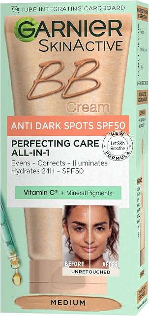 Garnier SkinActive BB Cream, Anti Dark Spots, Tinted Moisturiser SPF50, Brightens and Evens Skin, With Vitamin Cg & Mineral Pigments, 50ml