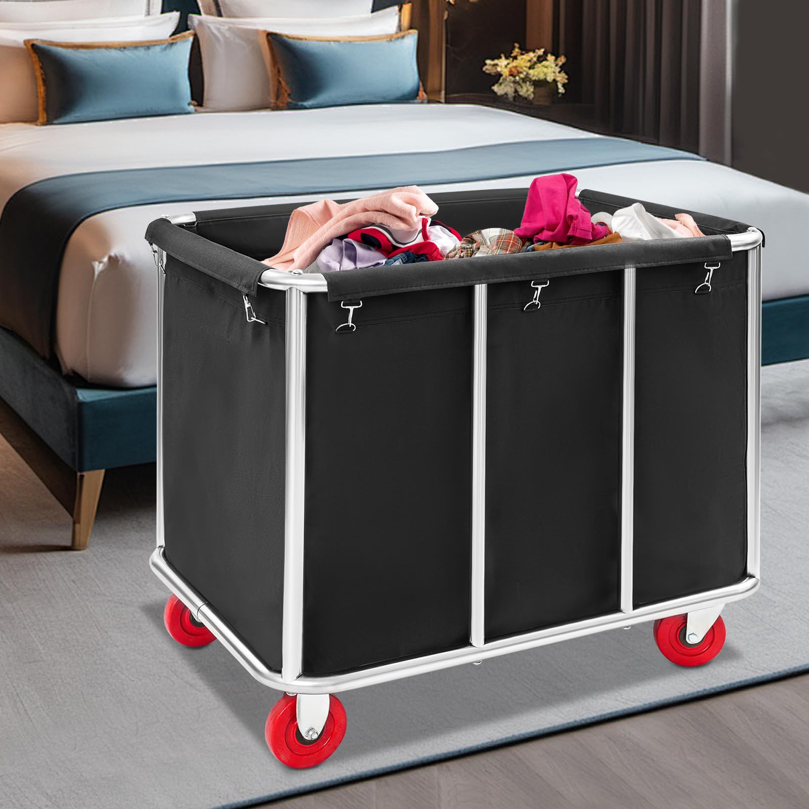 Carrello portabiancheria grande in acciaio inox, carrello per la biancheria commerciale, con ruote, per casa, hotel, lavanderia, portata 120 kg, 90 x 65 x 80 cm