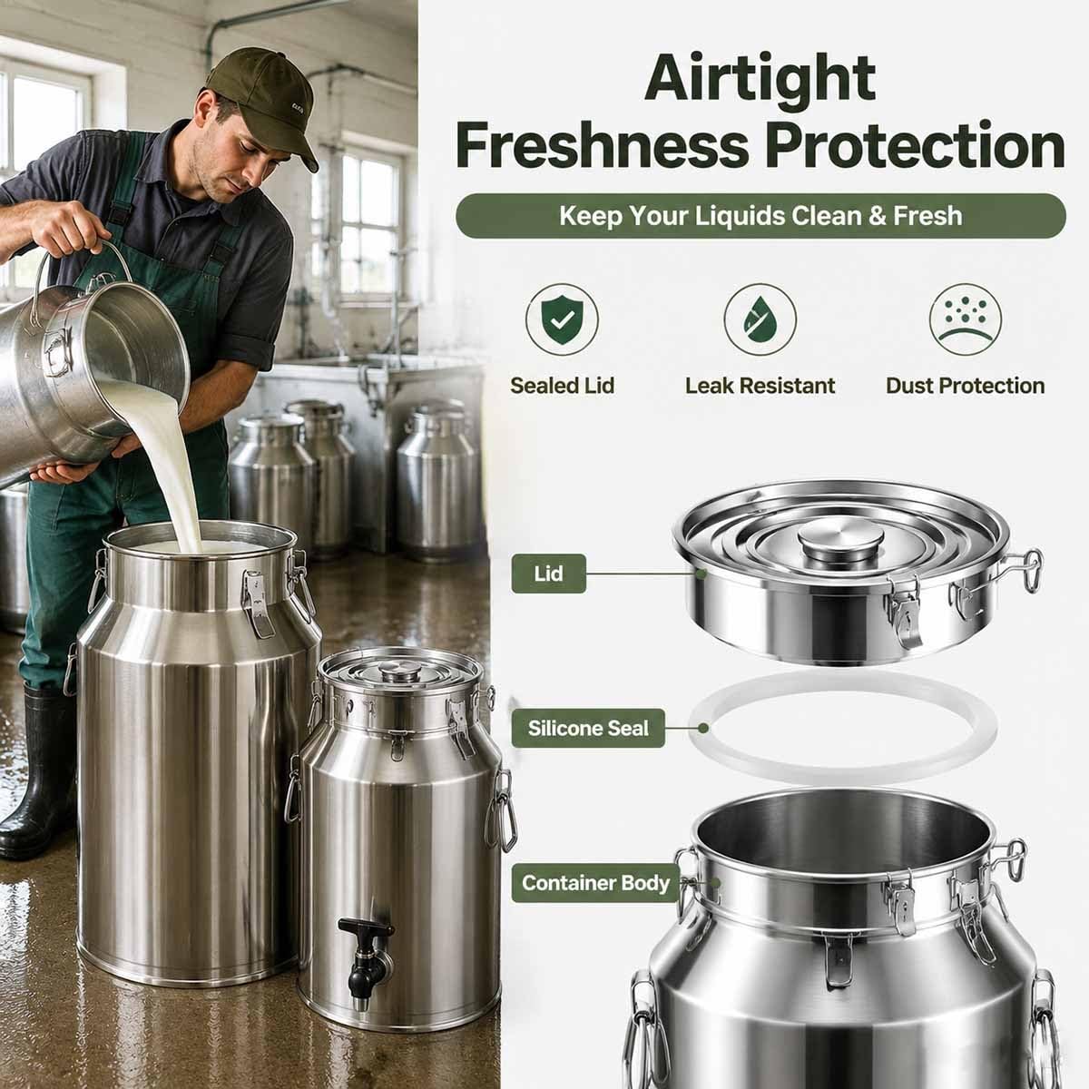 5-100L Lata De Transporte De Leche, Contenedor Leche Acero Inoxidable 304 | Cubo De Leche De Acero Inoxidable Barril De Cubo De Vino Con Espiga De Grifo Antigoteo(Without faucet,76L)