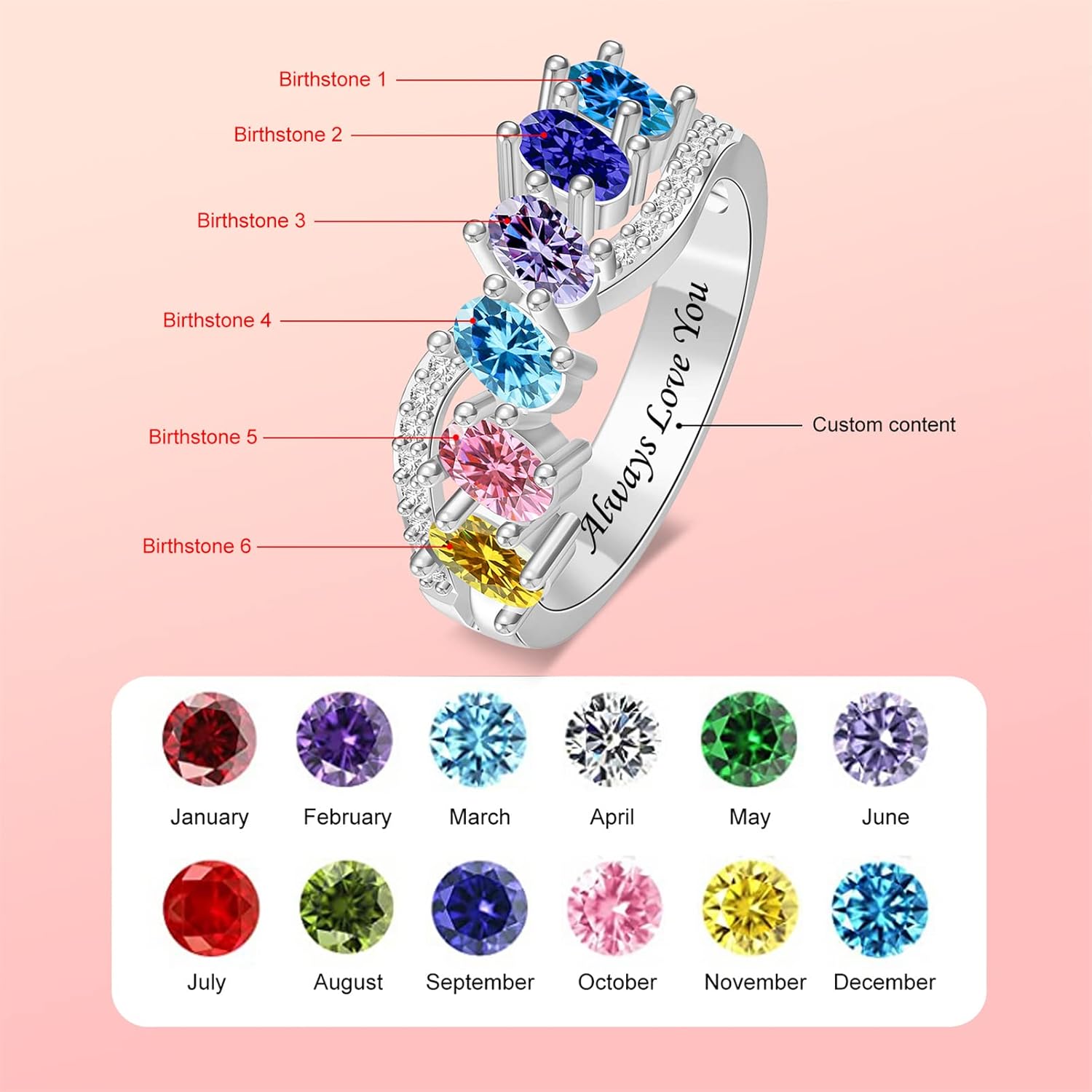 MissNaNa Personalized Mothers Ring 1-6 Birthstone Ring for Women Sterling Silver Family Rings Mother's Day Christmas Anniversary Birthday Gift for Mom Grandmother Wife Daughter - Image 2