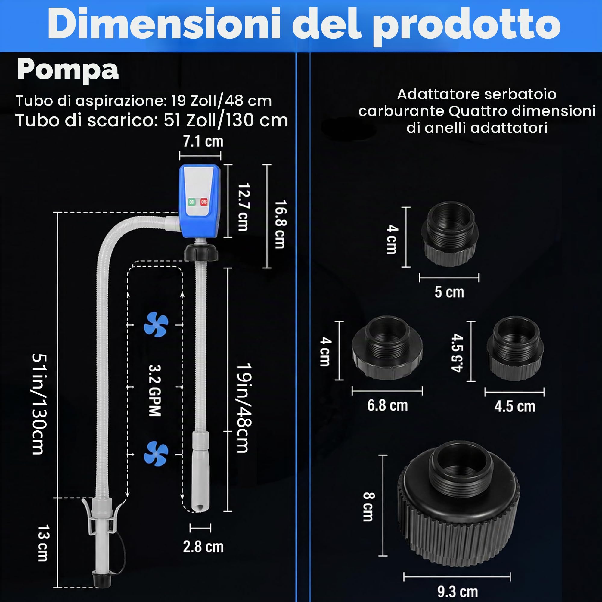 Pompa Travaso Gasolio con Sensore di Arresto Automatico, 2.8GPM Batteria e Ricaricabile Pompa Benzina, Portatili Pompa Carburante Elettrica, Pompa Aspira Benzina con Adattatore di 4 Dimensio